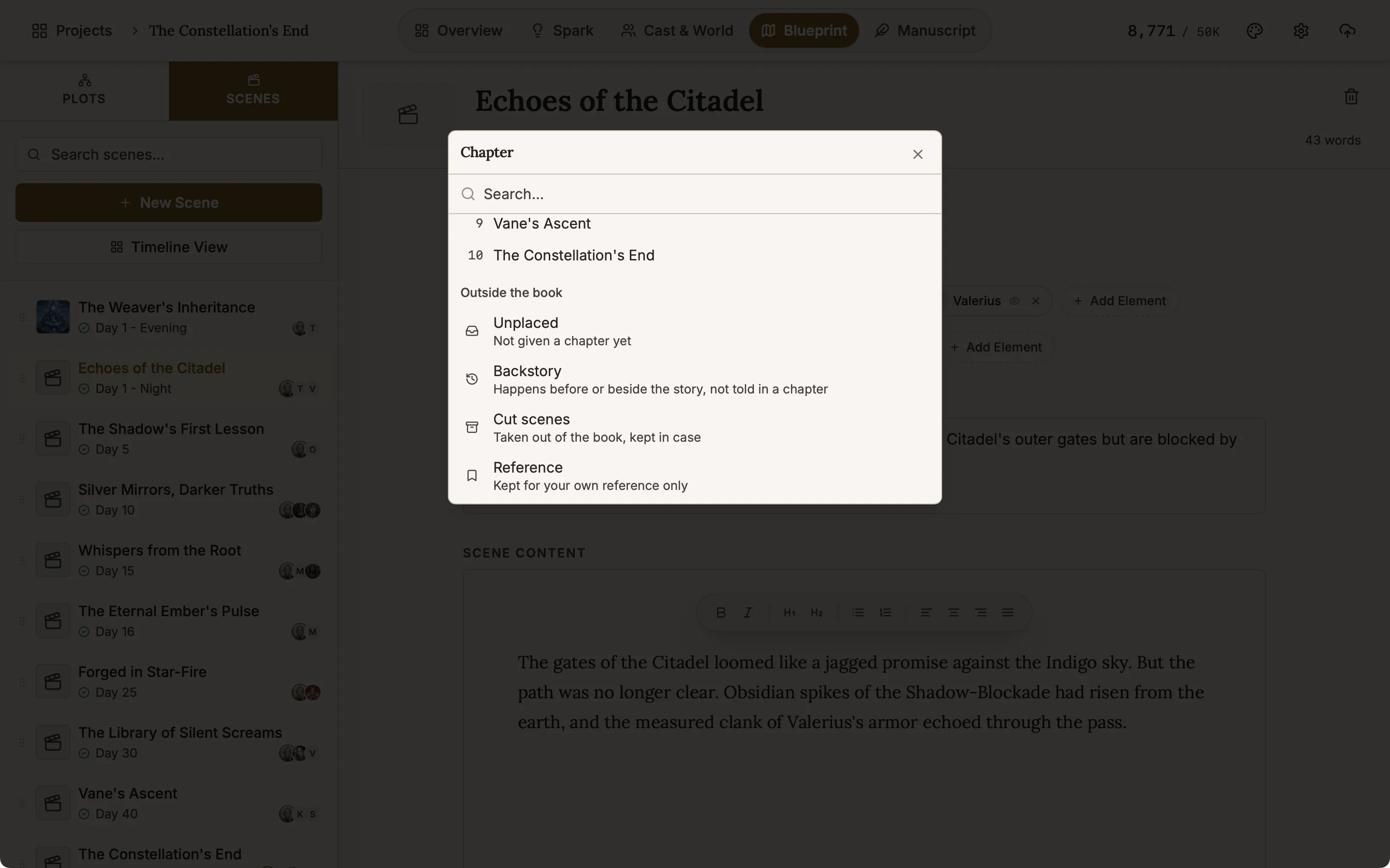 The chapter picker of a scene listing the chapters of the book and the Outside the book group with Unplaced, Backstory, Cut scenes and Reference.
