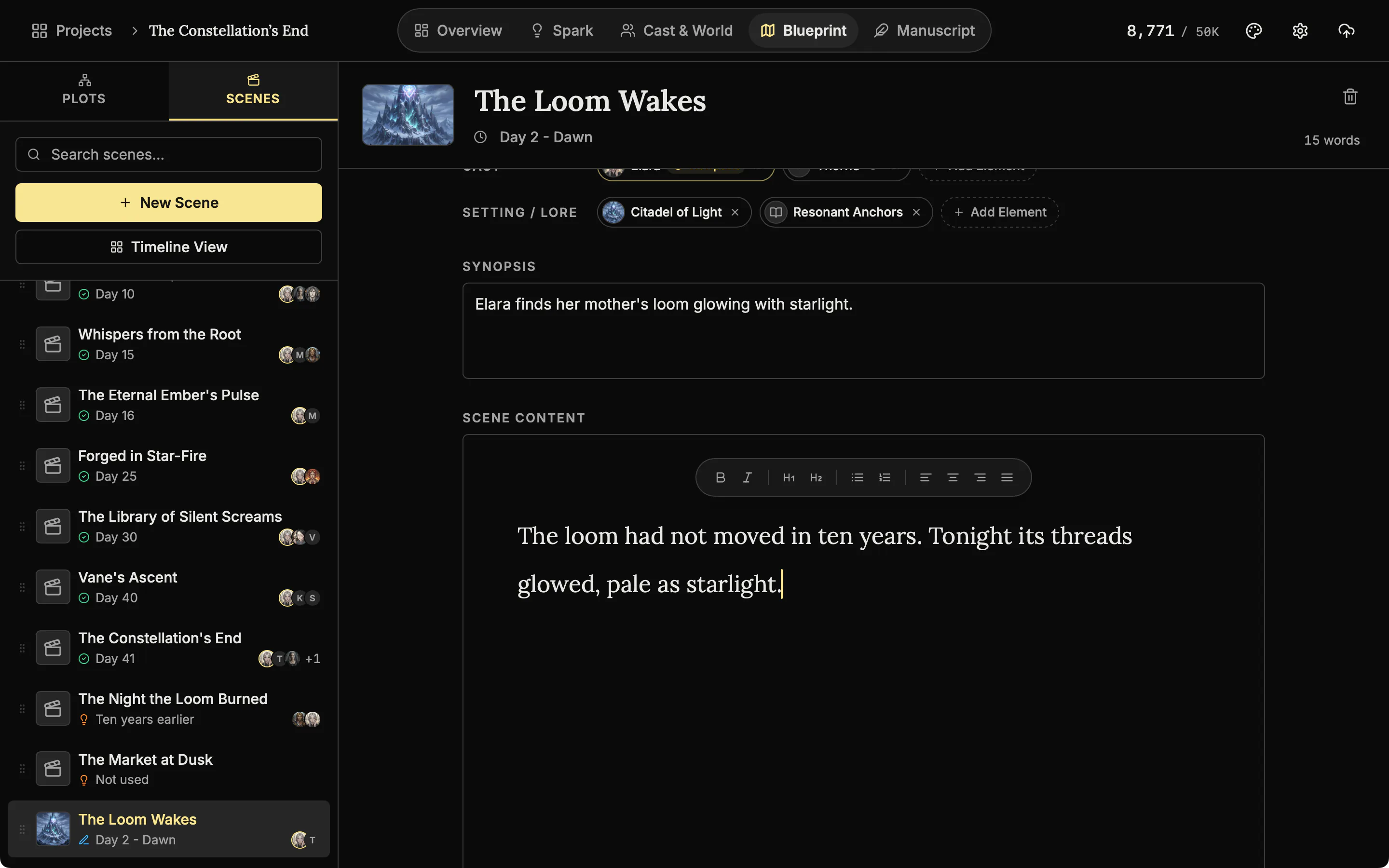 A scene with a one-line synopsis and two sentences of scene text being written.