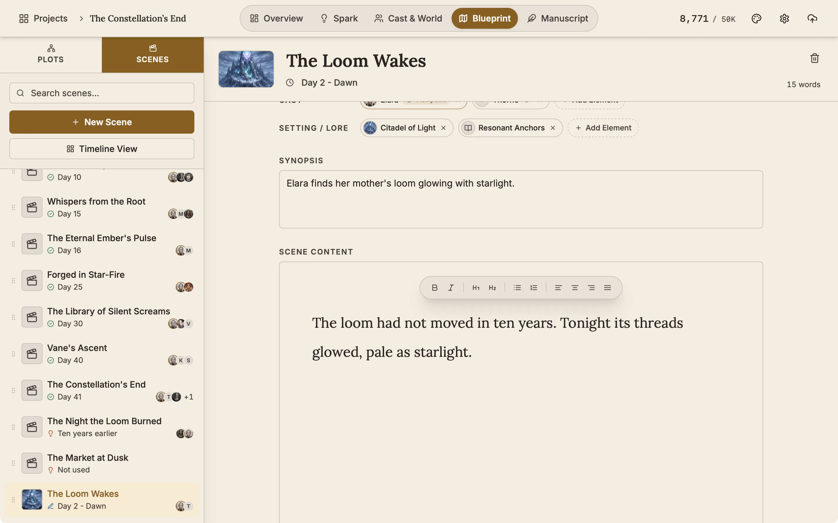 A scene with a one-line synopsis and two sentences of scene text being written.