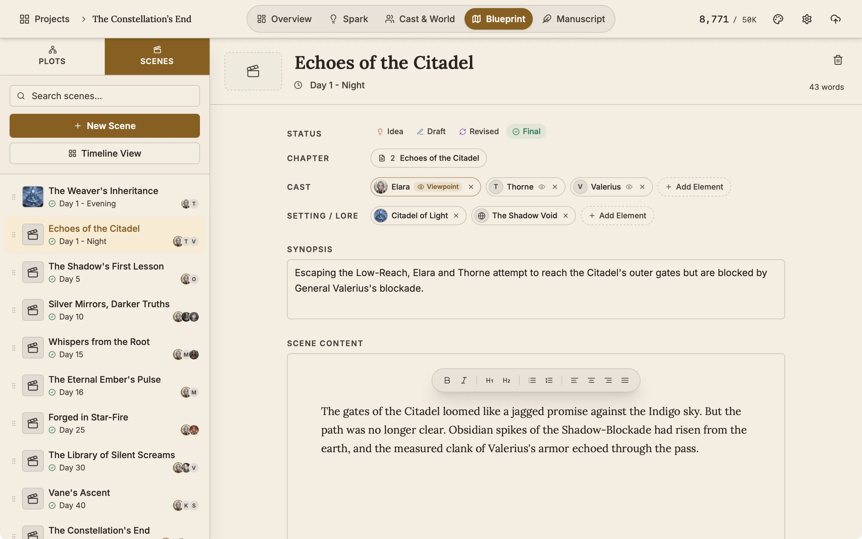 The Scenes list with a picture, a status icon, the day and cast portraits for each scene.