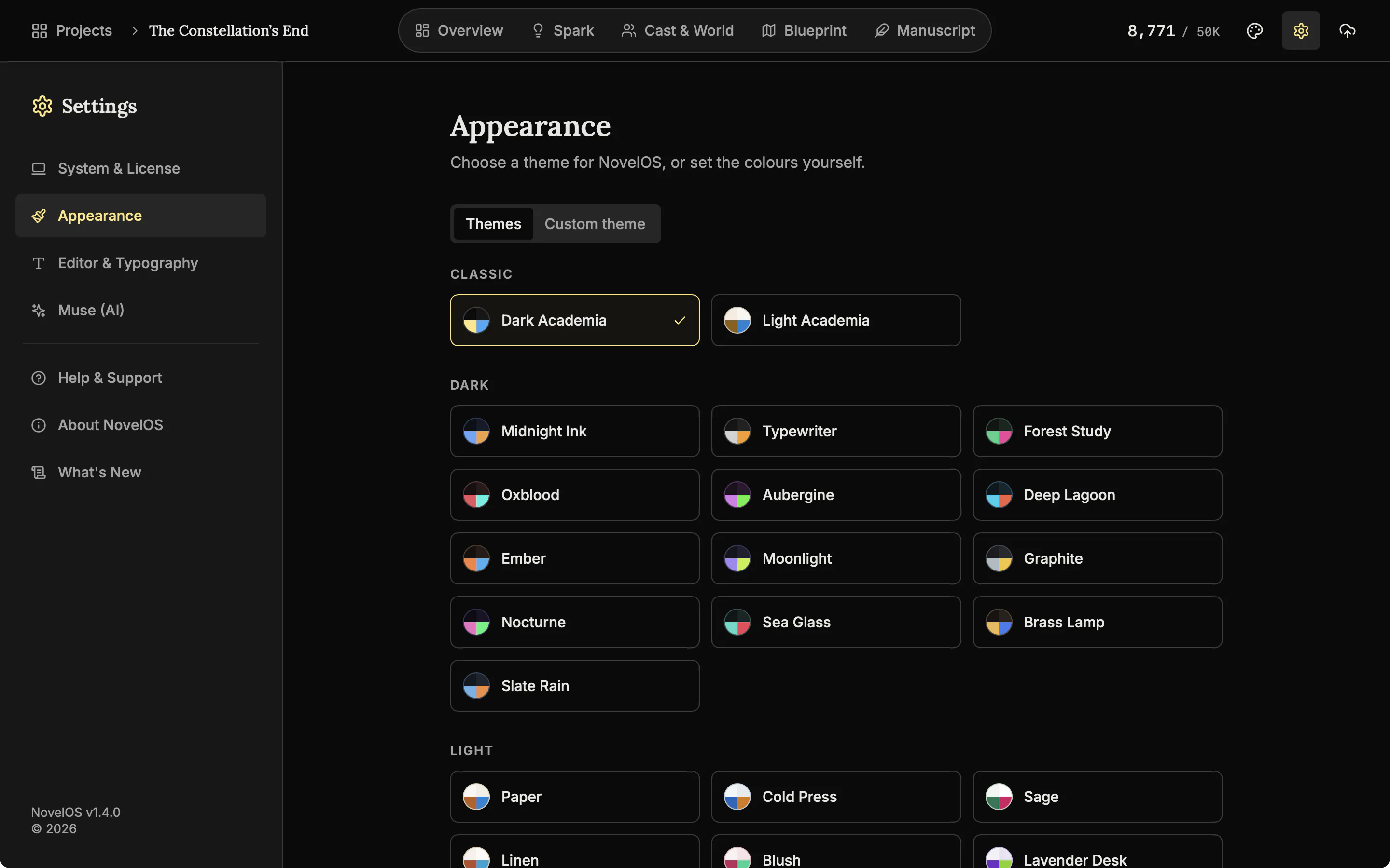 The Appearance tab of Settings with the list of themes grouped as Classic, Dark and Light.