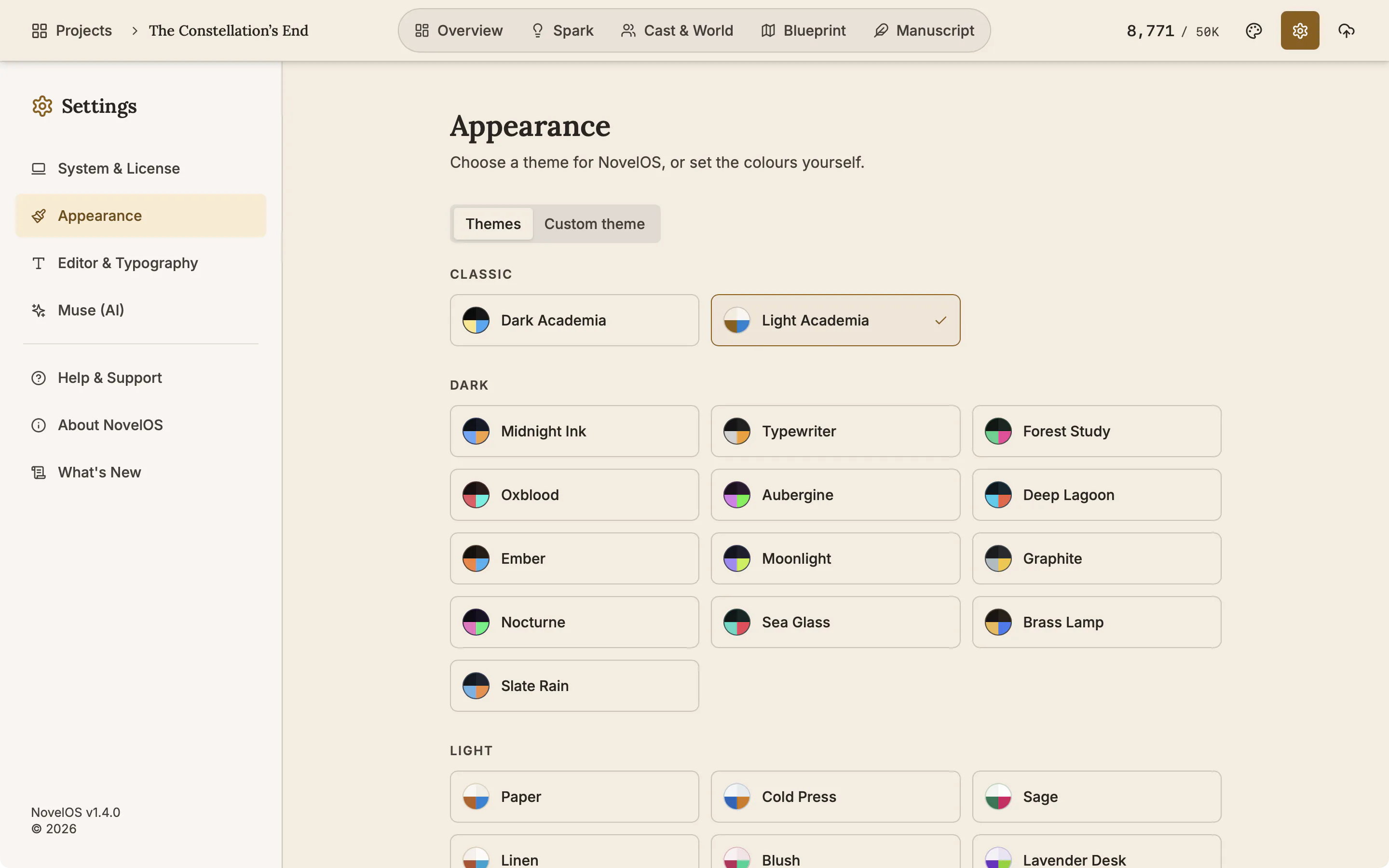 The Appearance tab of Settings with the list of themes grouped as Classic, Dark and Light.