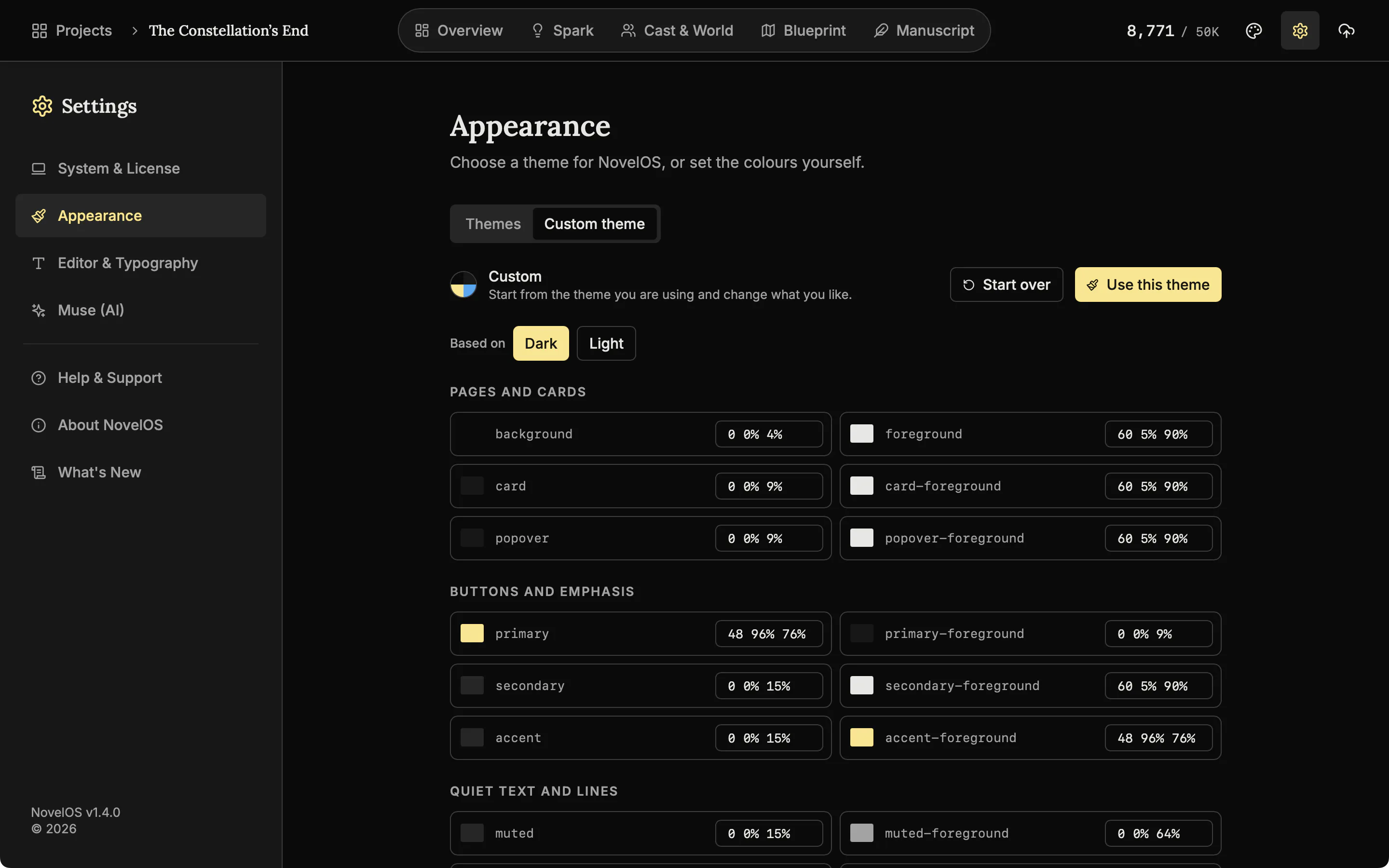 The custom theme editor with colour swatches for each part of the interface.