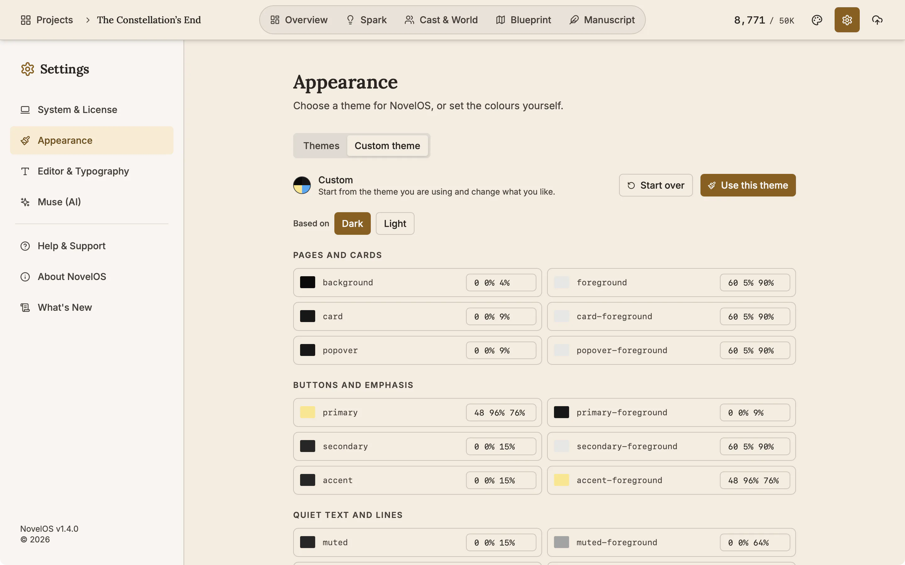 The custom theme editor with colour swatches for each part of the interface.