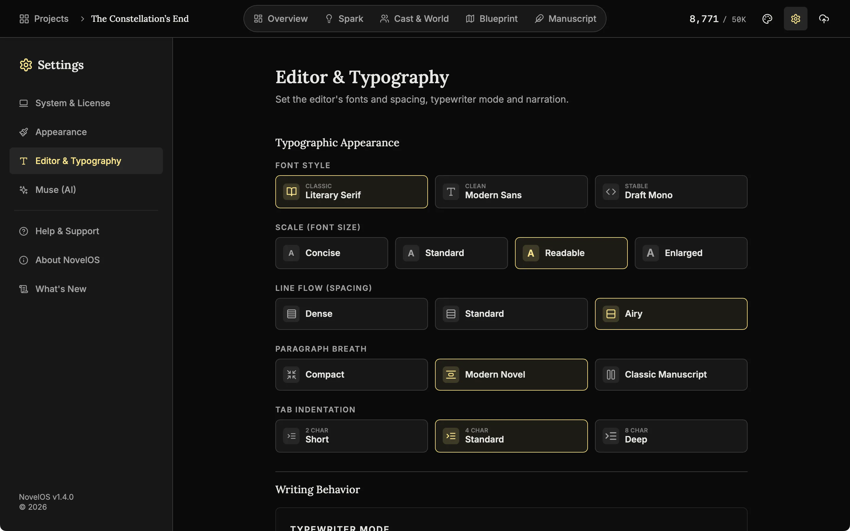 The Editor & Typography tab with font, text size, line spacing and reading options.