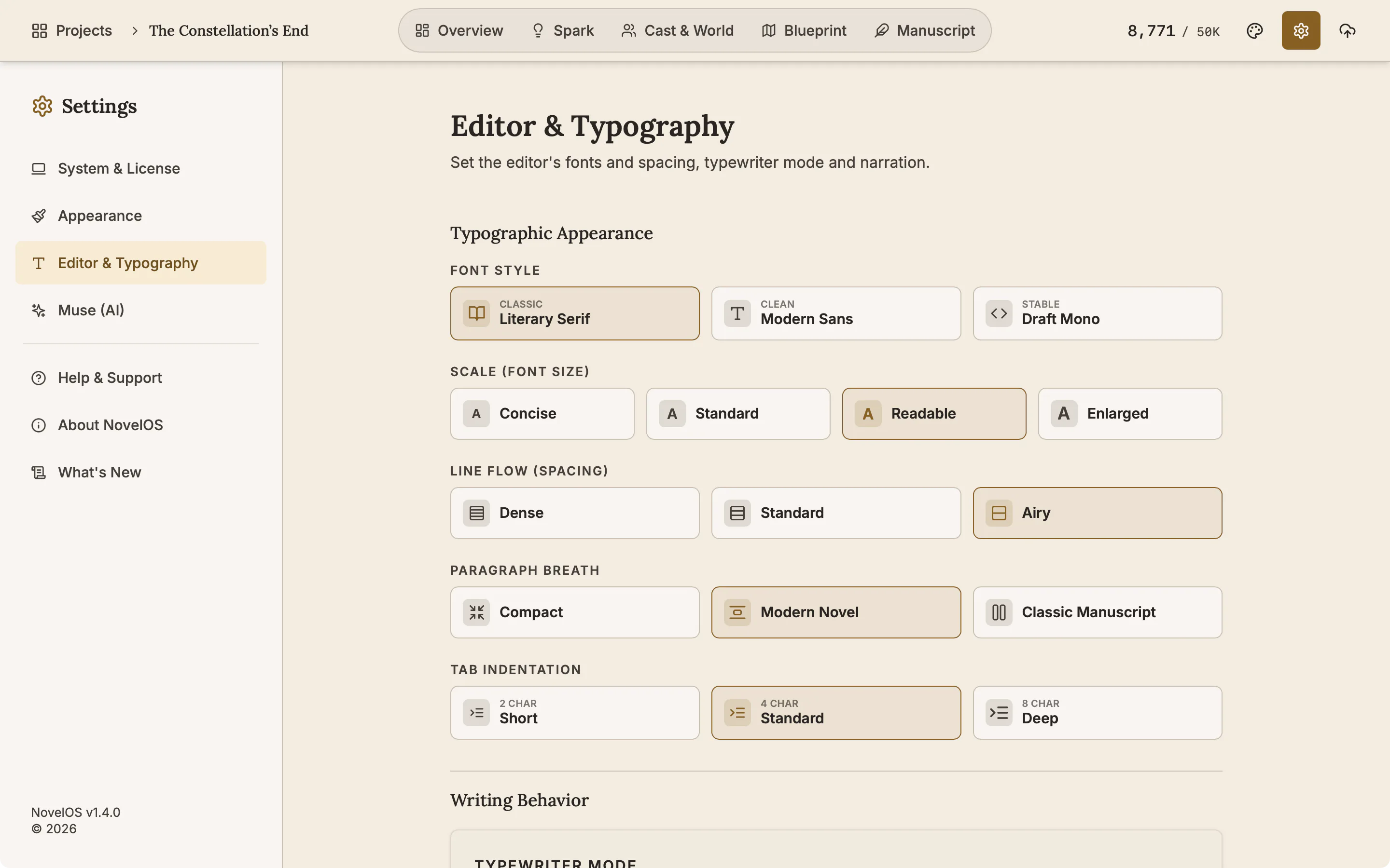 The Editor & Typography tab with font, text size, line spacing and reading options.