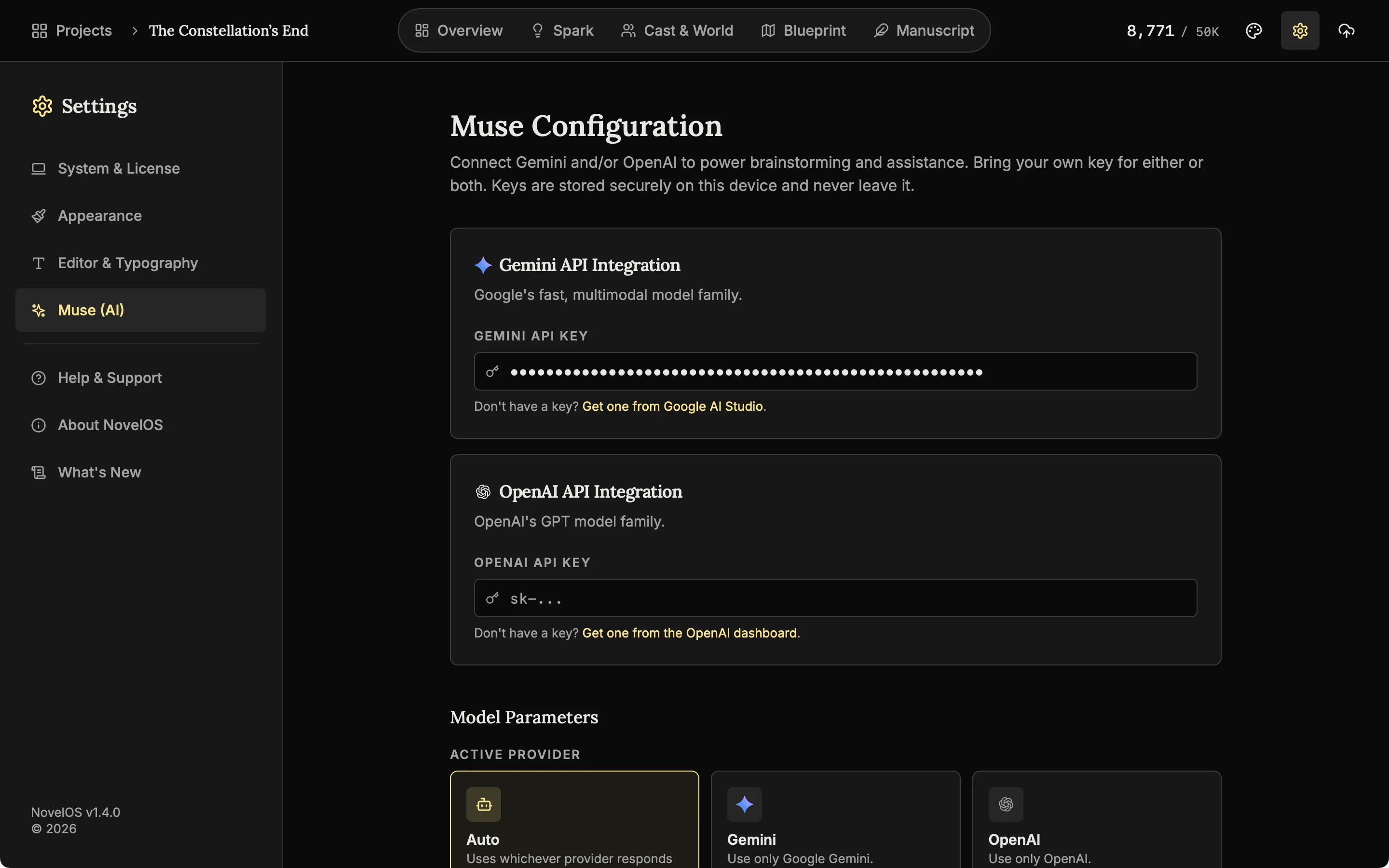 The Muse (AI) tab with provider choices and hidden API key fields.