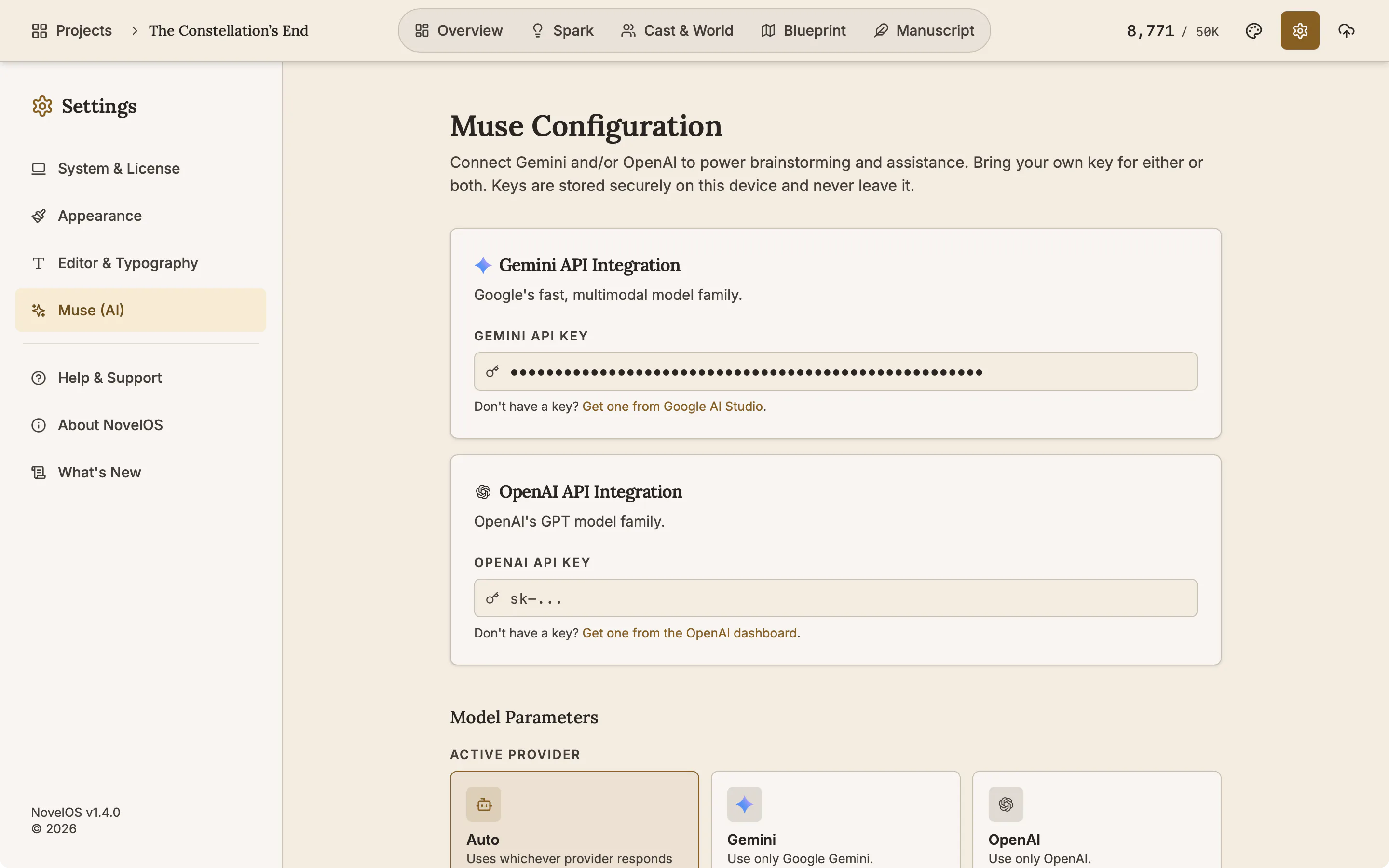 The Muse (AI) tab with provider choices and hidden API key fields.