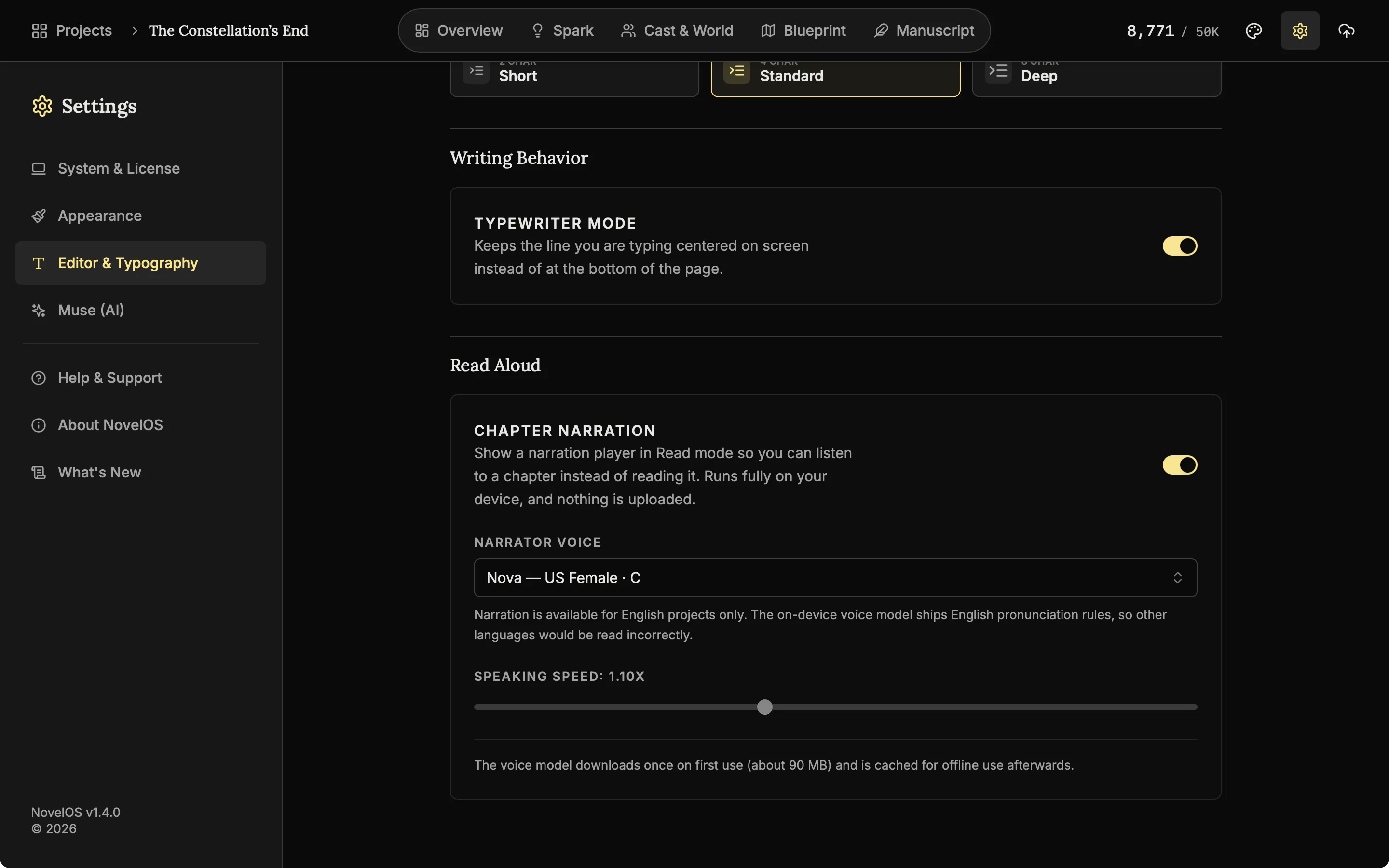 The Editor and Typography settings with the Typewriter Mode switch turned on, above the chapter narration options.