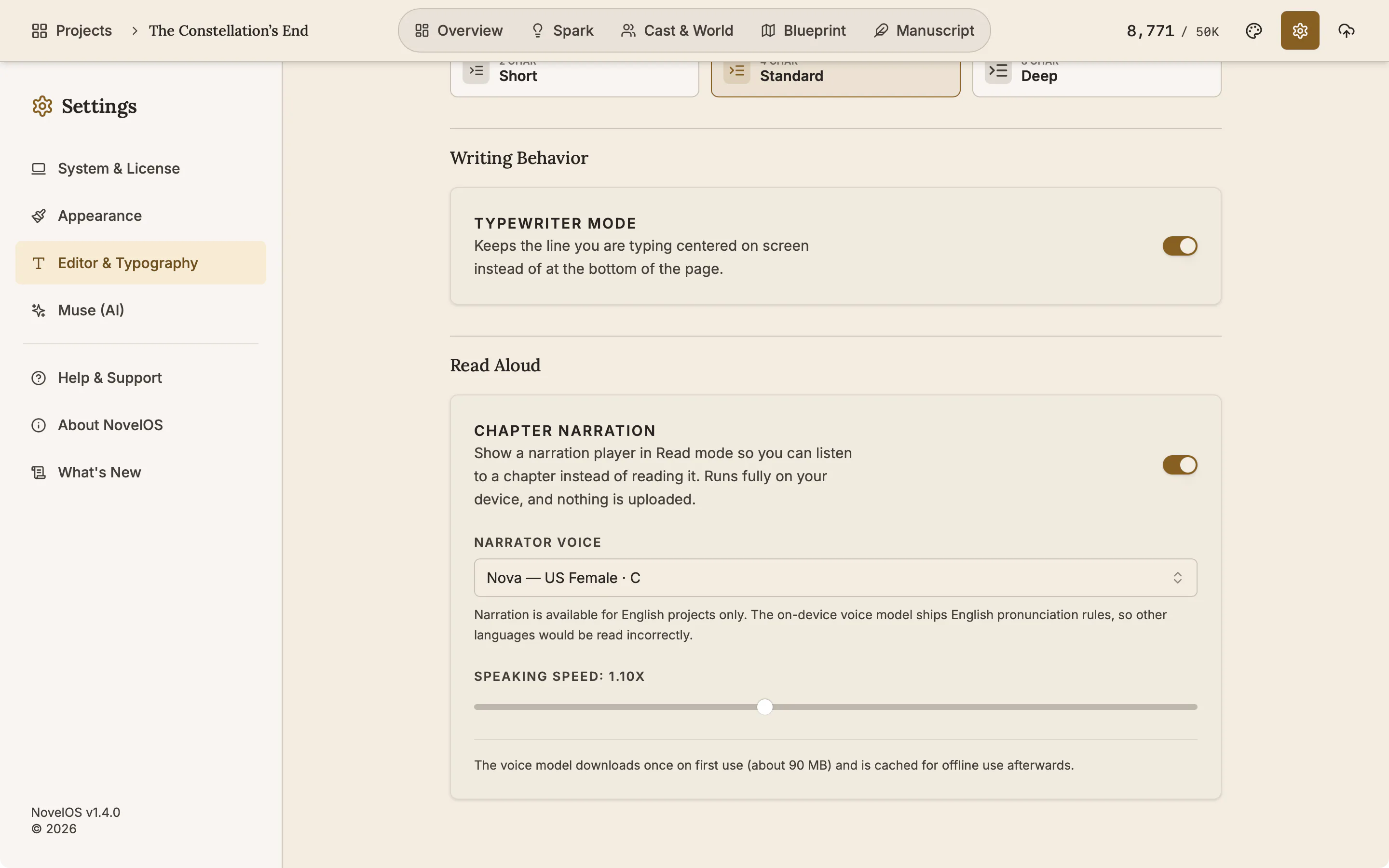 The Editor and Typography settings with the Typewriter Mode switch turned on, above the chapter narration options.