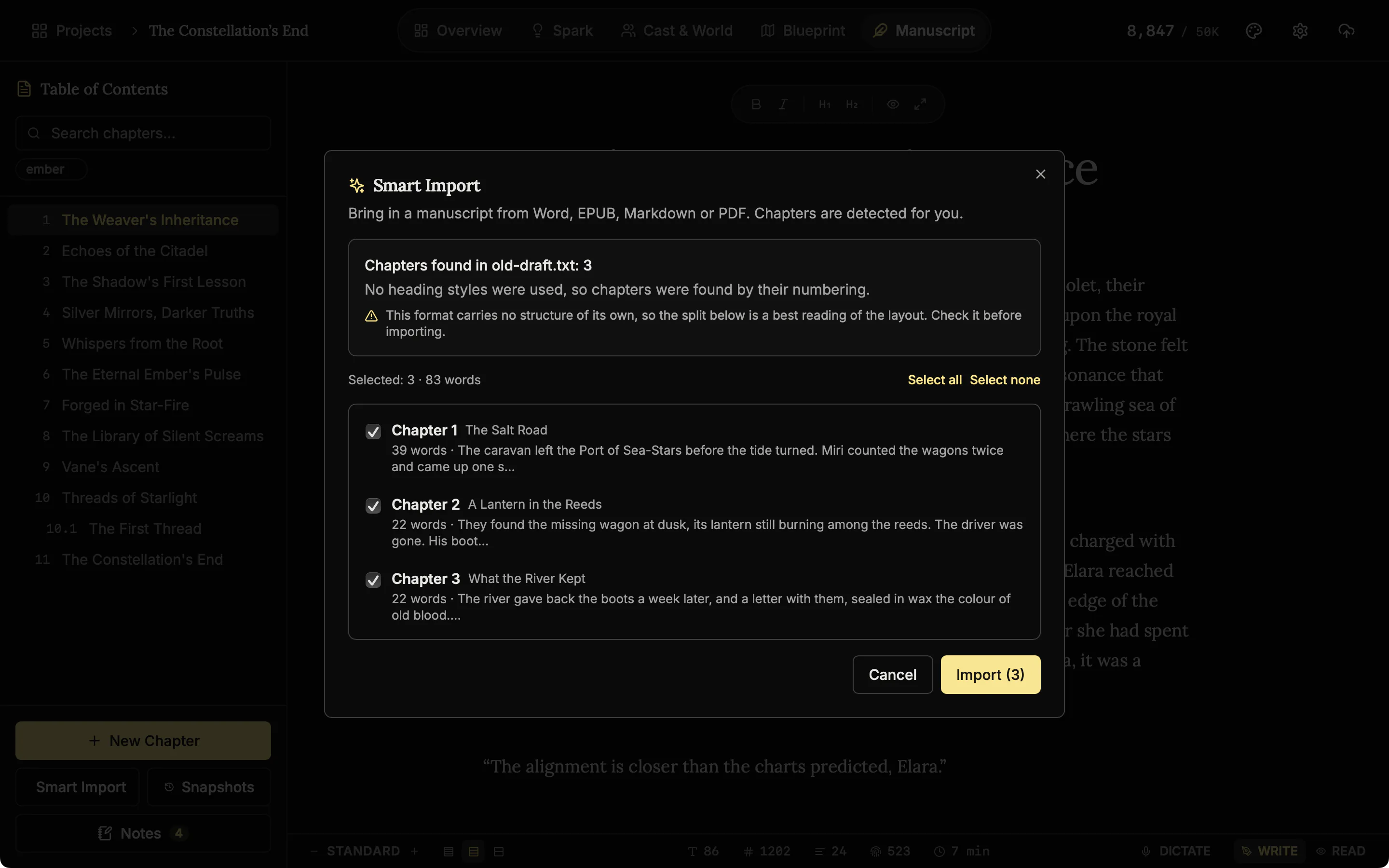 The Smart Import dialog listing the chapters it found in a file, with their titles and word counts.