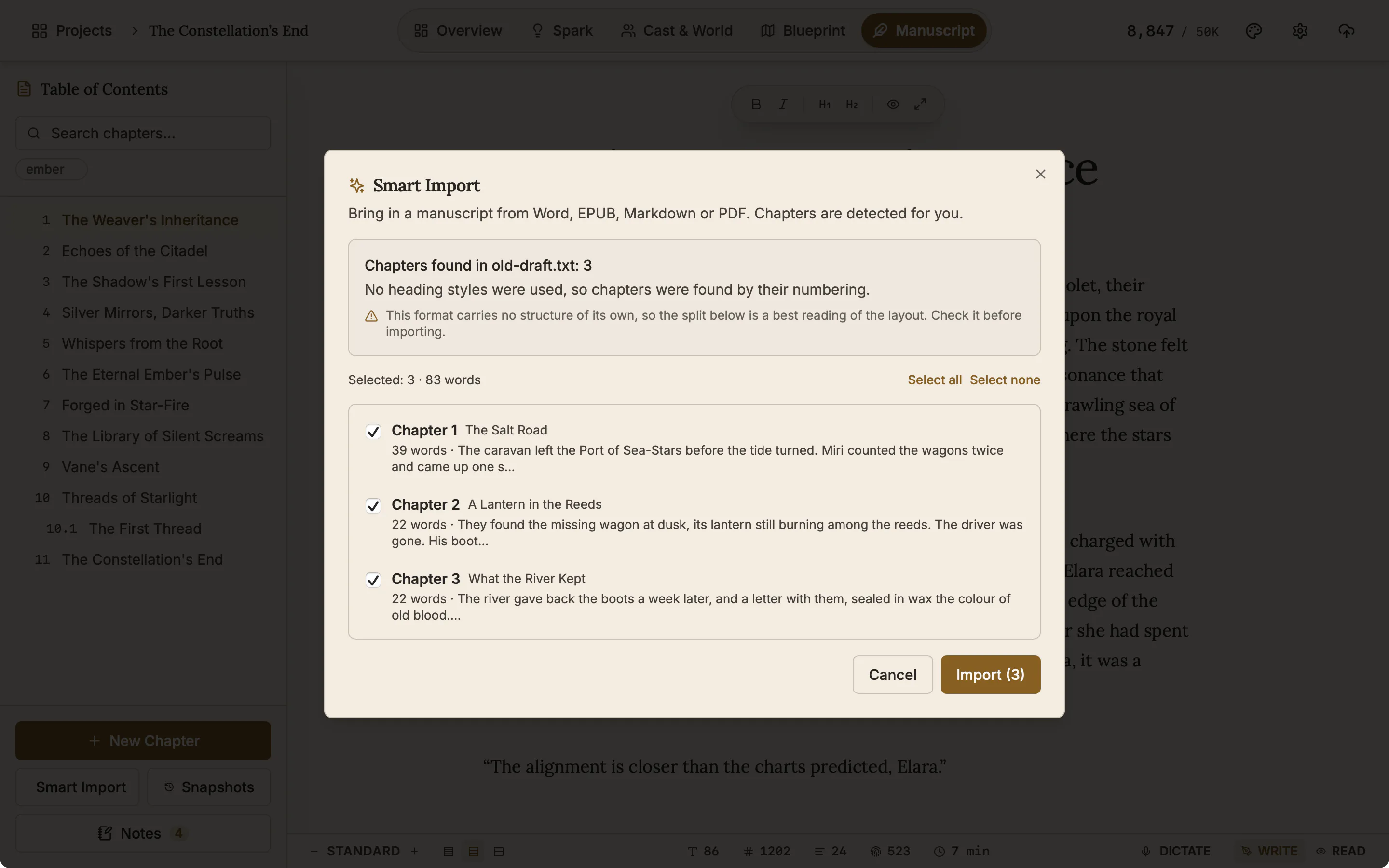 The Smart Import dialog listing the chapters it found in a file, with their titles and word counts.