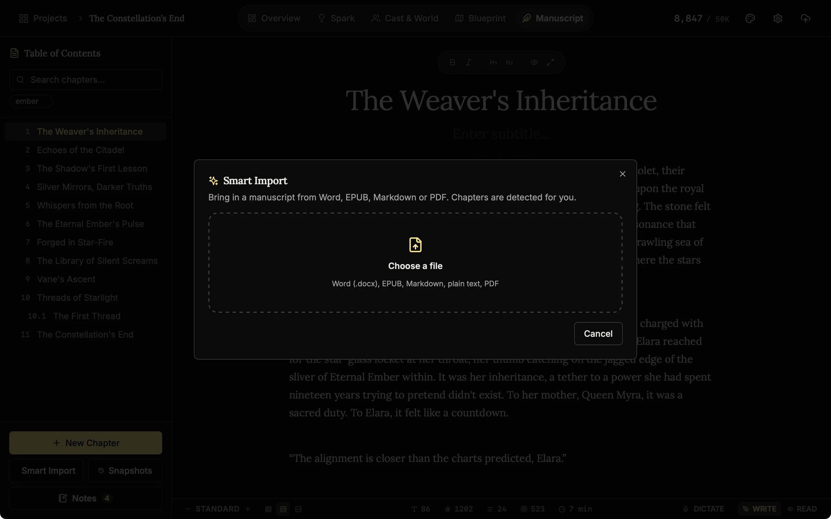 The Smart Import dialog with a drop zone listing Word, EPUB, PDF, Markdown and plain text.