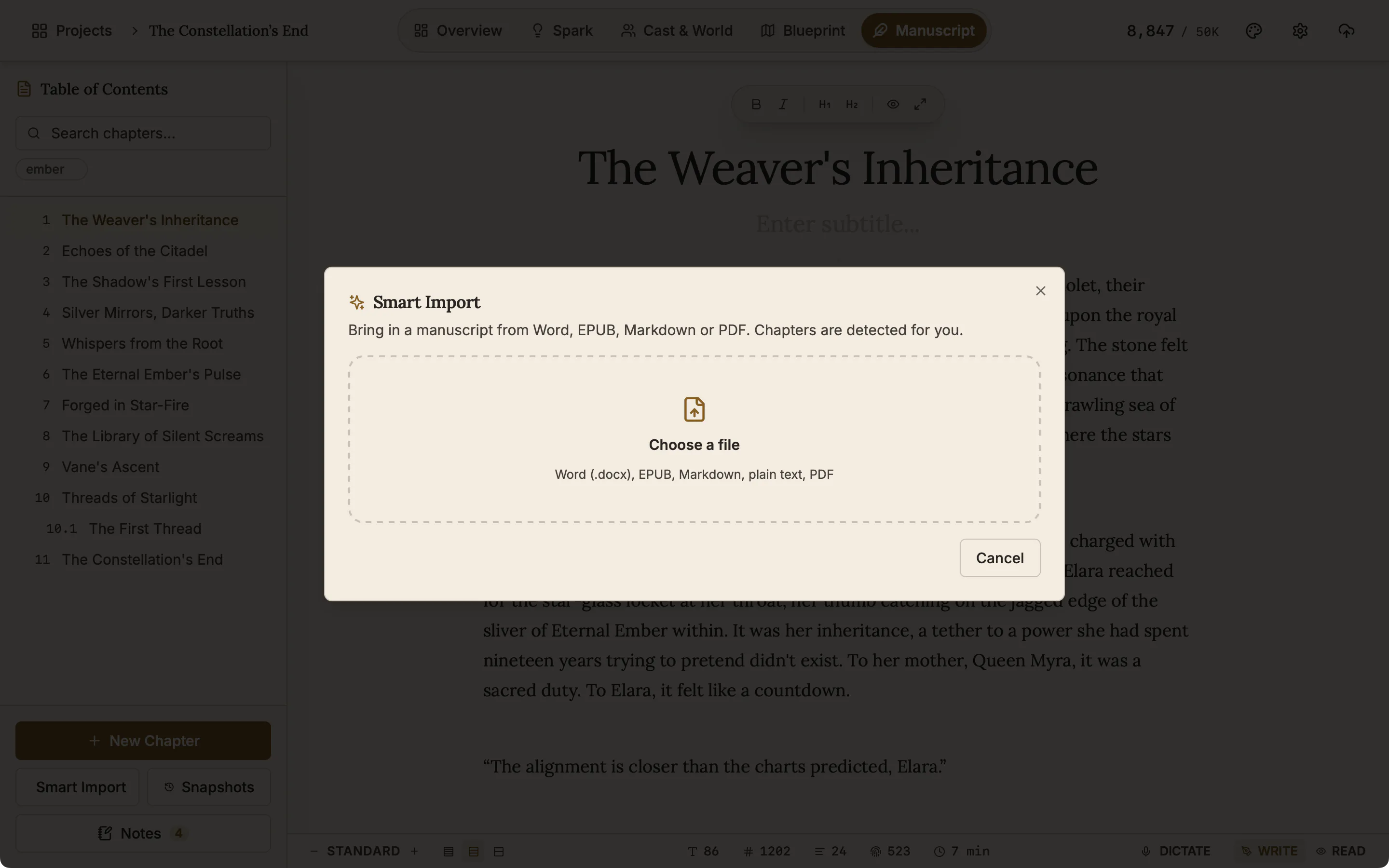 The Smart Import dialog with a drop zone listing Word, EPUB, PDF, Markdown and plain text.