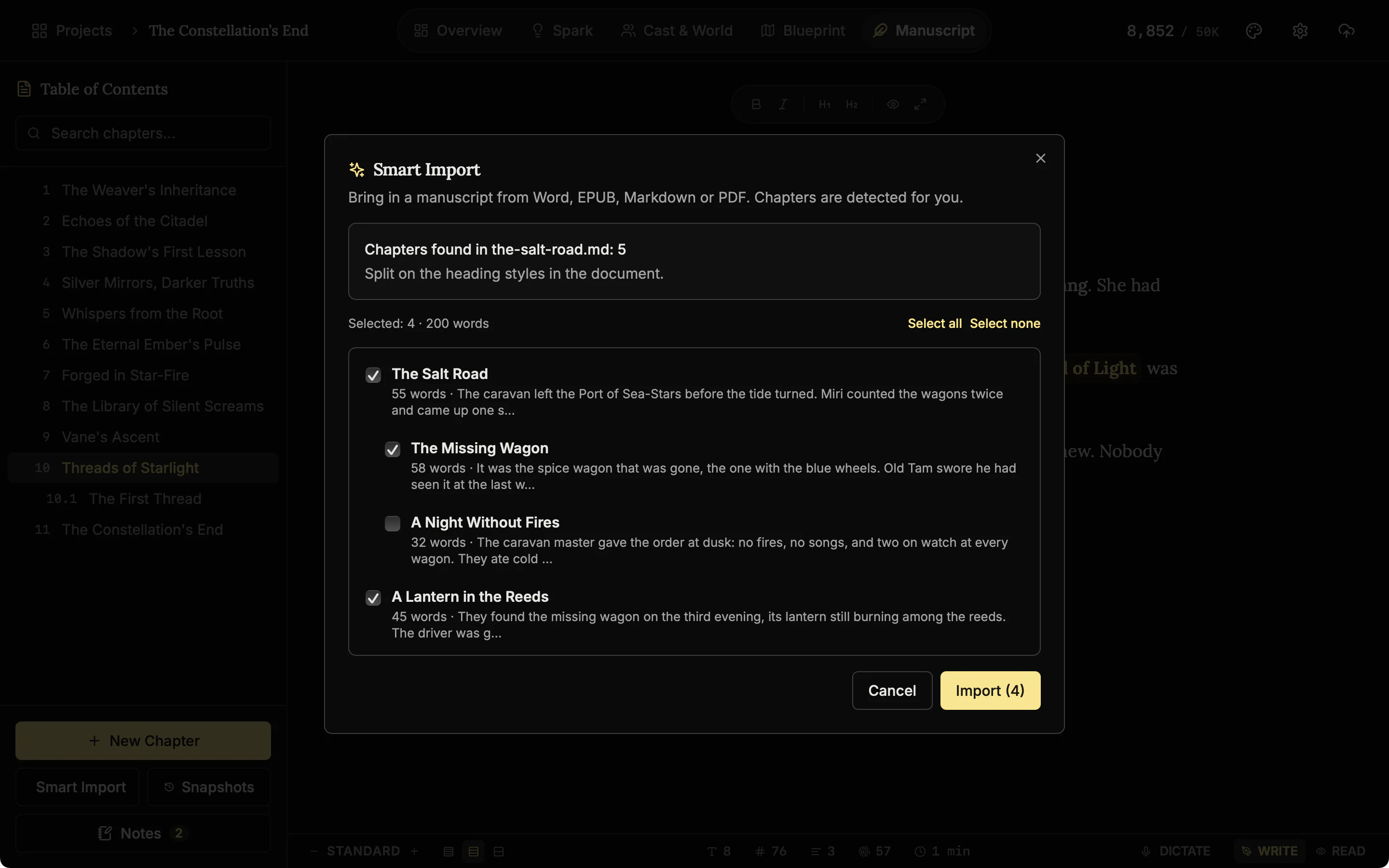 The Smart Import dialog with five chapters found in a .md file, one part unticked, and the count reading Selected: 4.