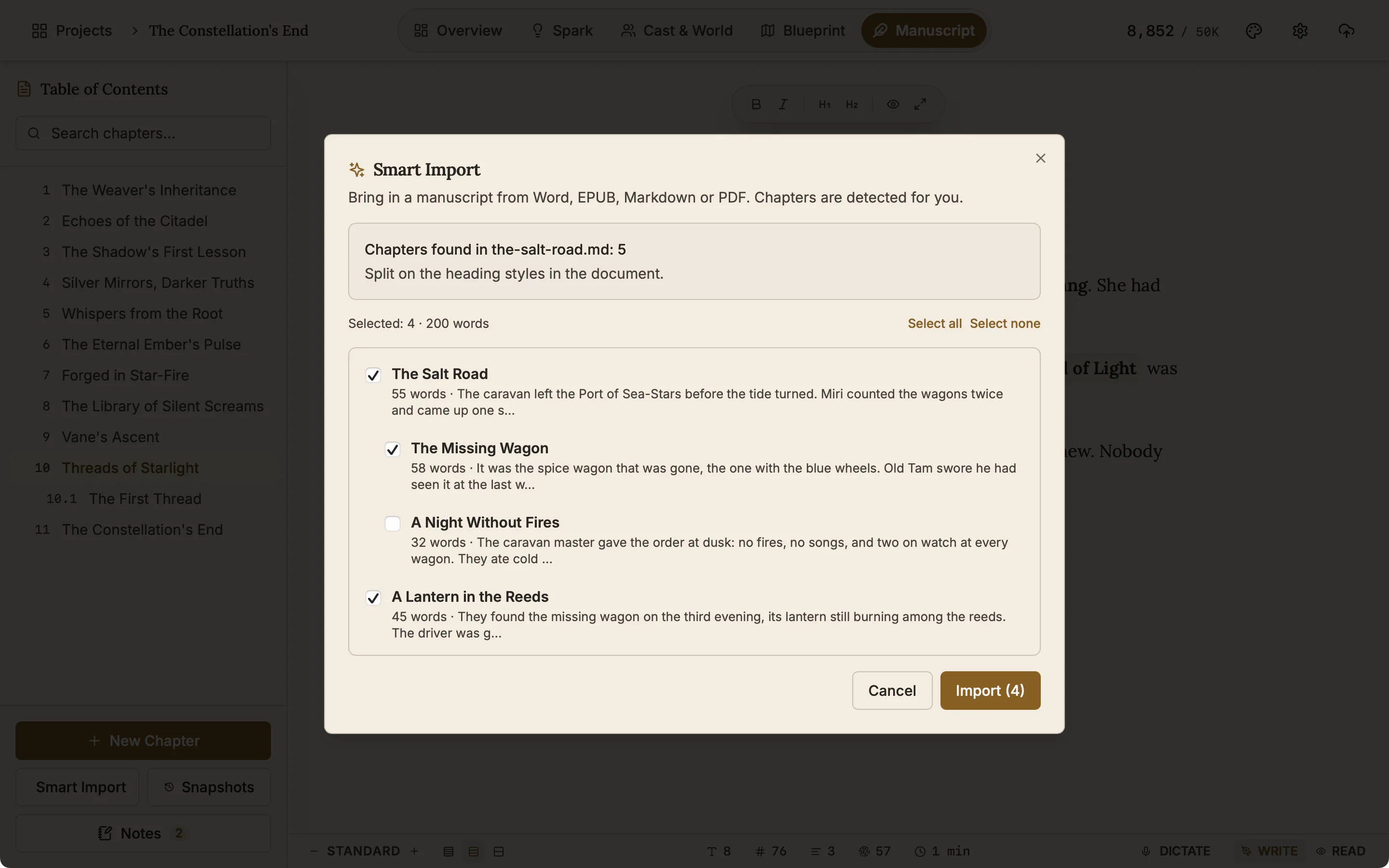 The Smart Import dialog with five chapters found in a .md file, one part unticked, and the count reading Selected: 4.