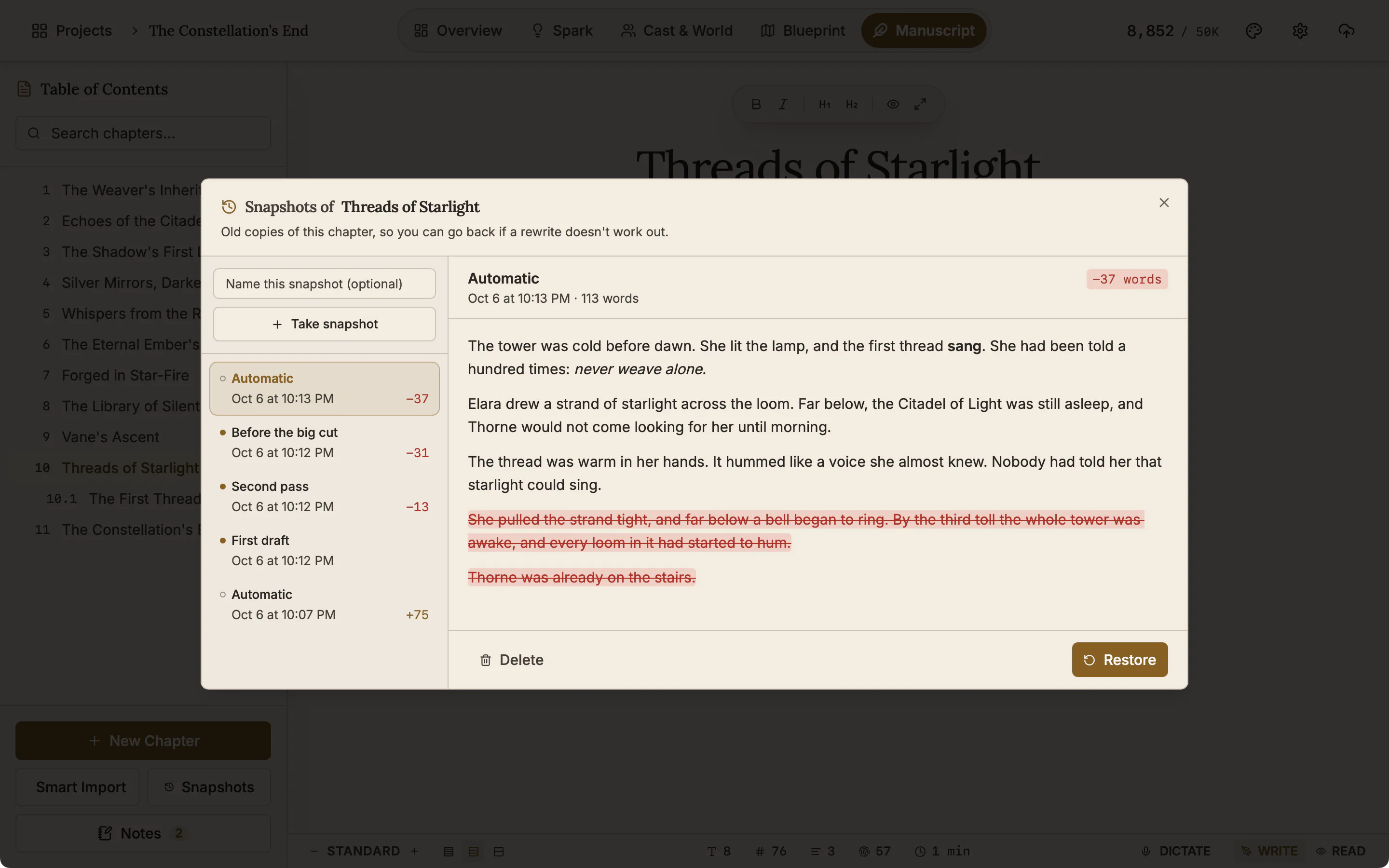 The Snapshots dialog after a restore: an automatic snapshot at the top of five is selected, with two paragraphs struck through in red and a count of 37 words removed.