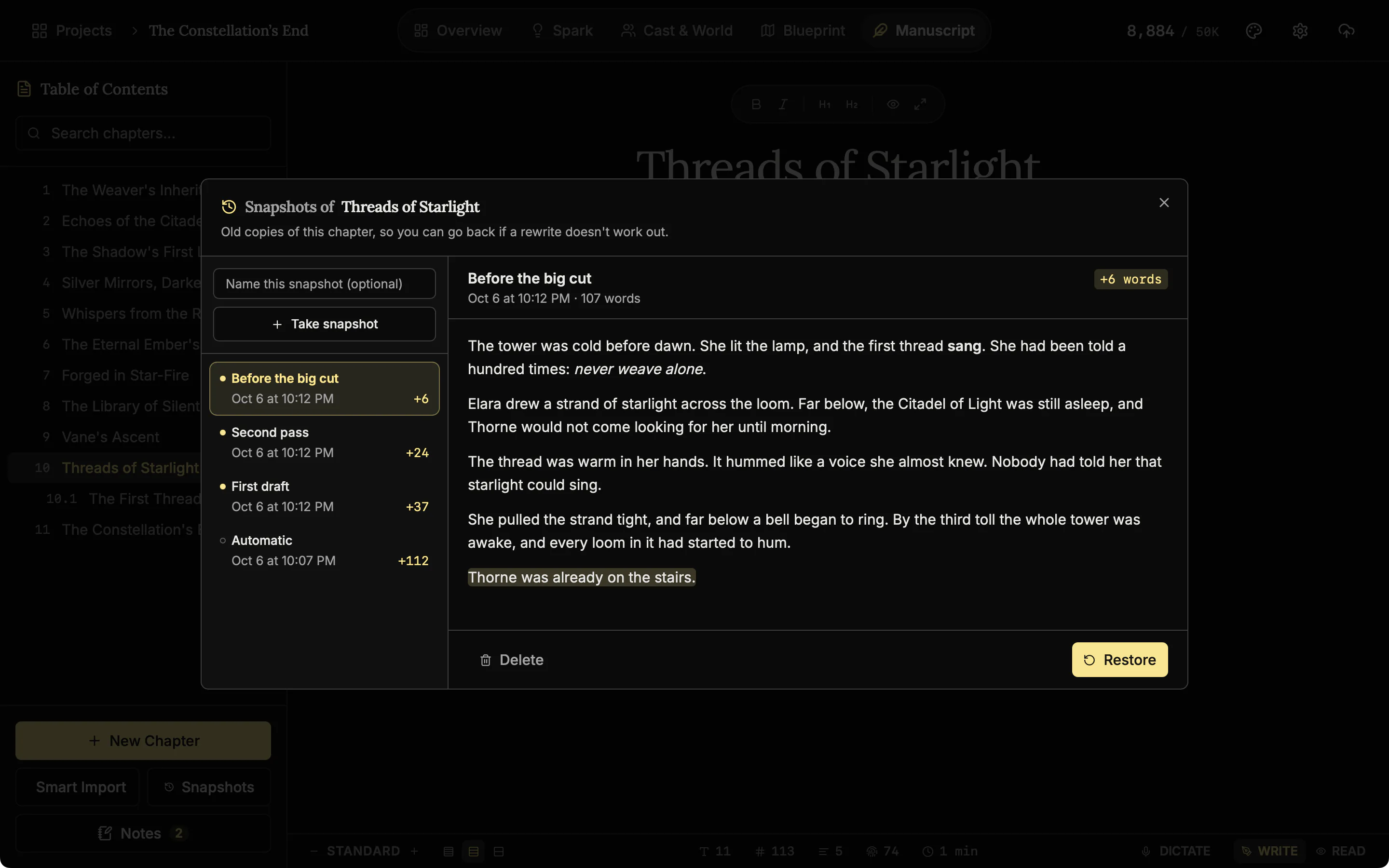 The Snapshots dialog listing three named snapshots and one automatic one with dates and word differences, with the newest compared against the chapter.