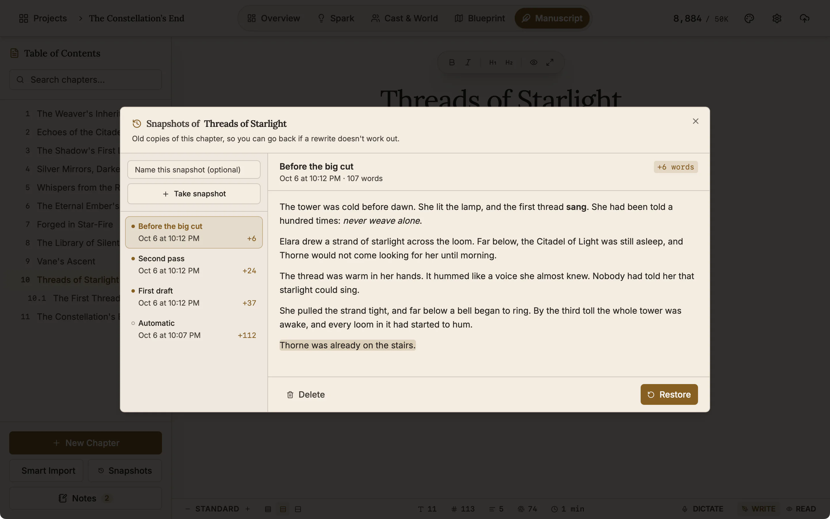 The Snapshots dialog listing three named snapshots and one automatic one with dates and word differences, with the newest compared against the chapter.