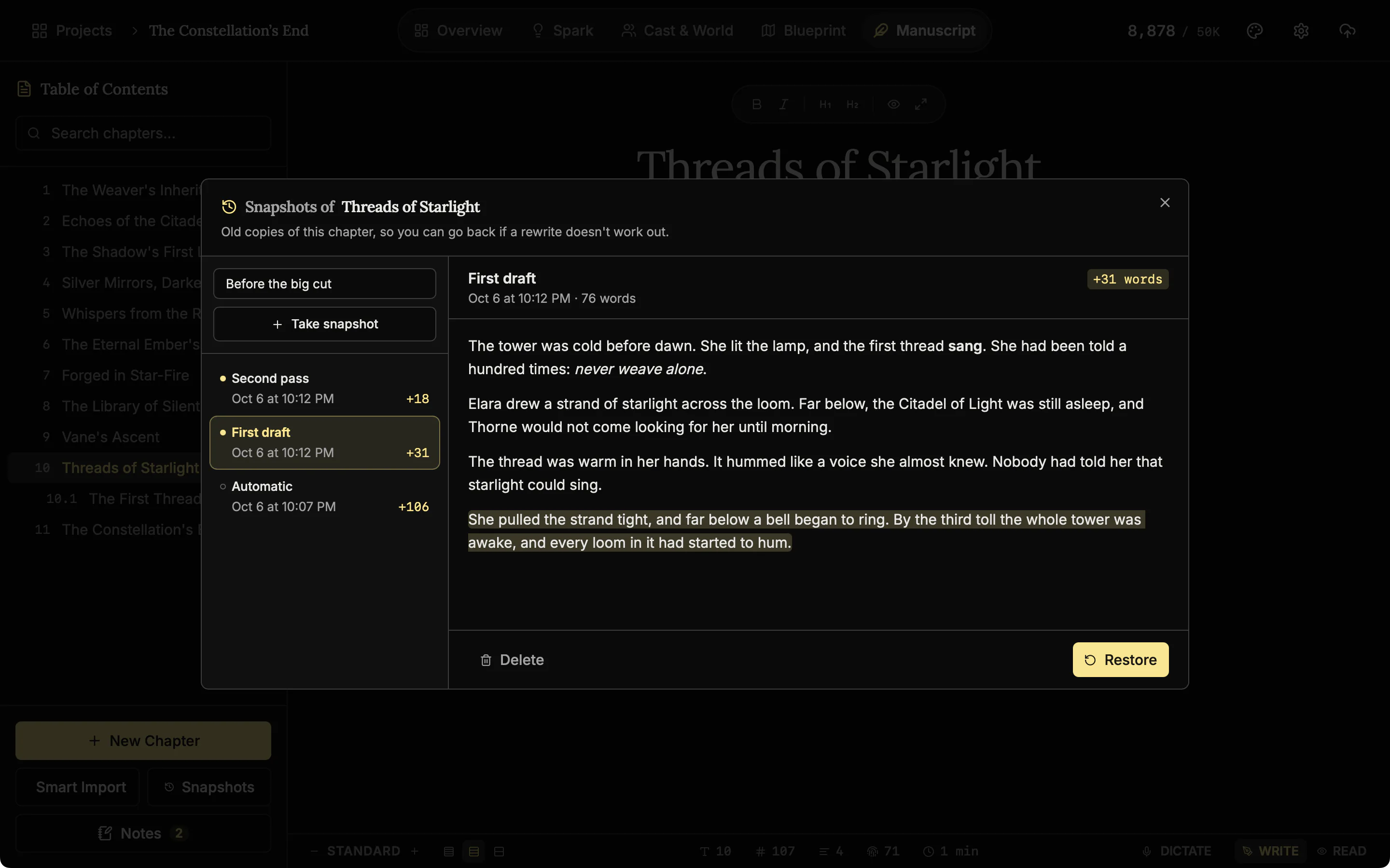 The Snapshots dialog with a name typed in the box above Take snapshot, two named snapshots and one automatic one in the list, and the First draft snapshot compared with the chapter.