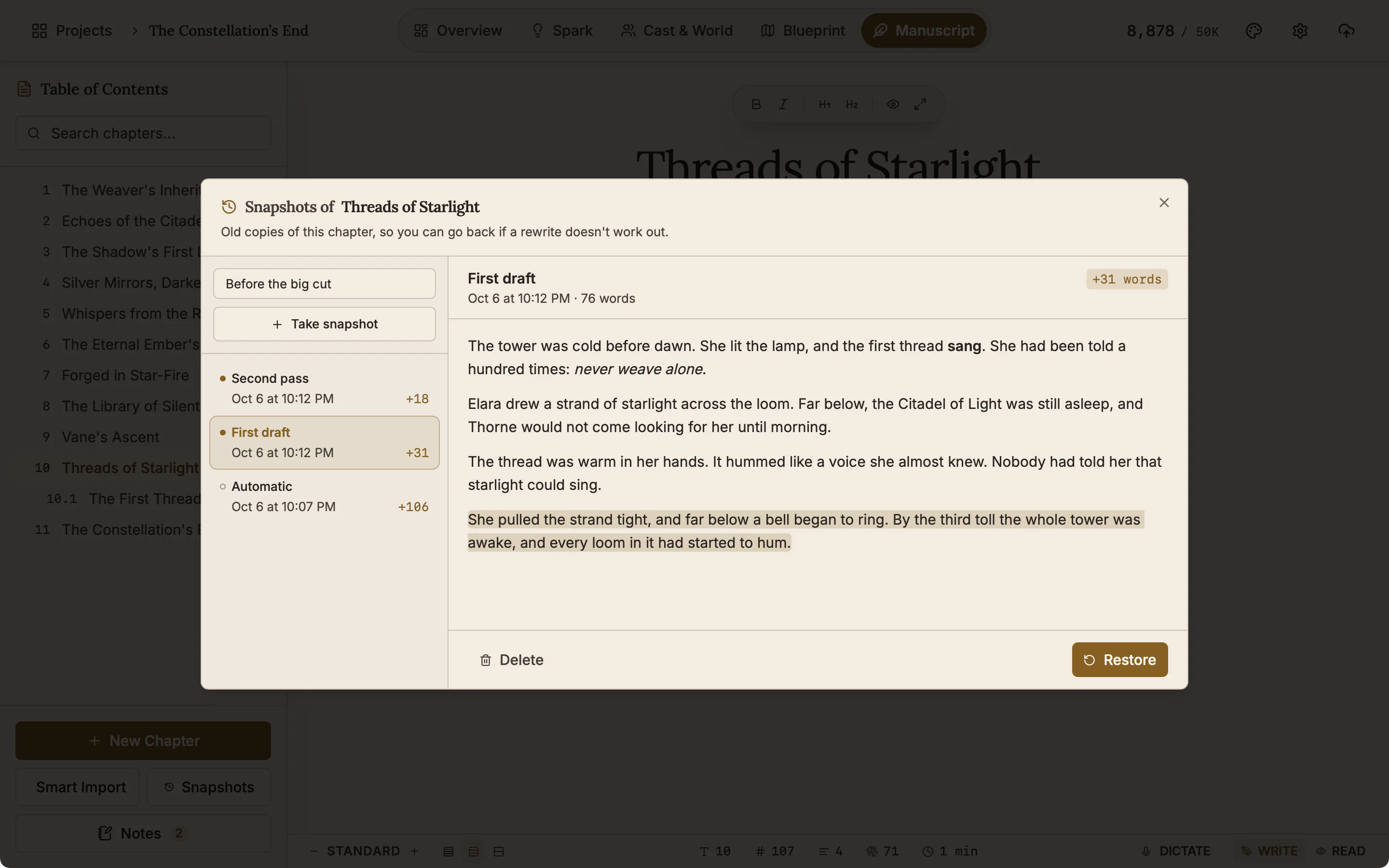 The Snapshots dialog with a name typed in the box above Take snapshot, two named snapshots and one automatic one in the list, and the First draft snapshot compared with the chapter.