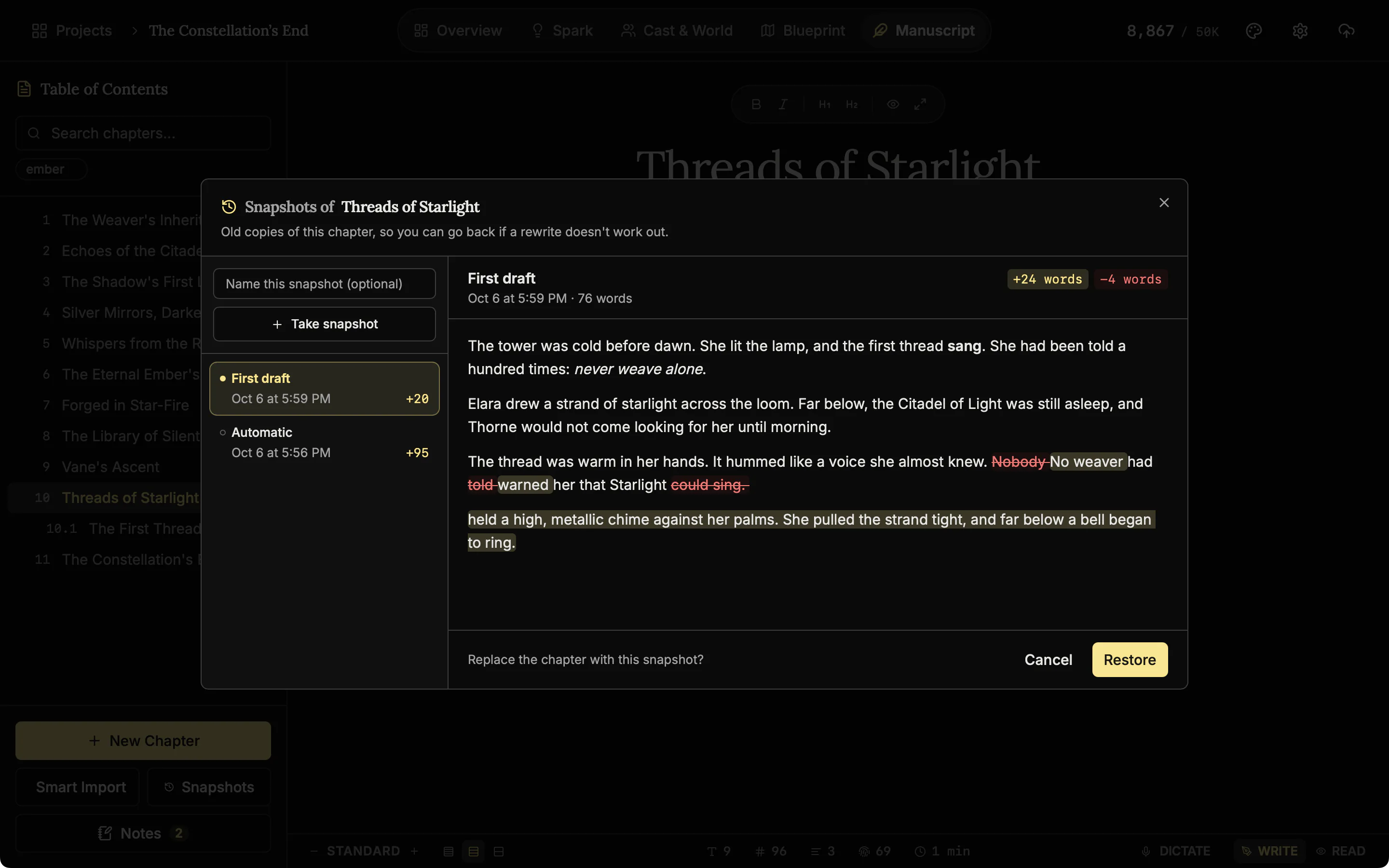The Snapshots dialog asking to confirm restoring a snapshot.