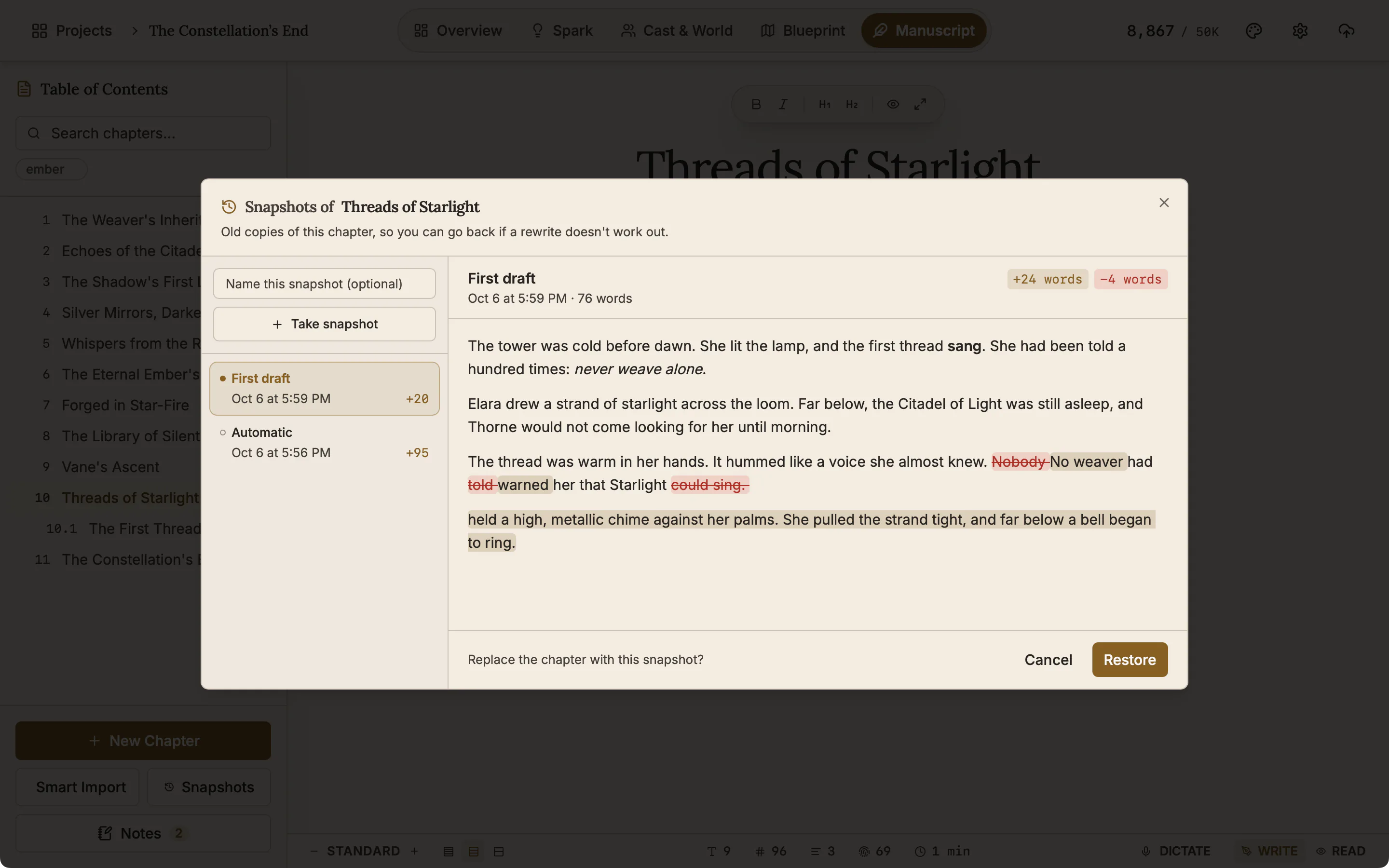 The Snapshots dialog asking to confirm restoring a snapshot.