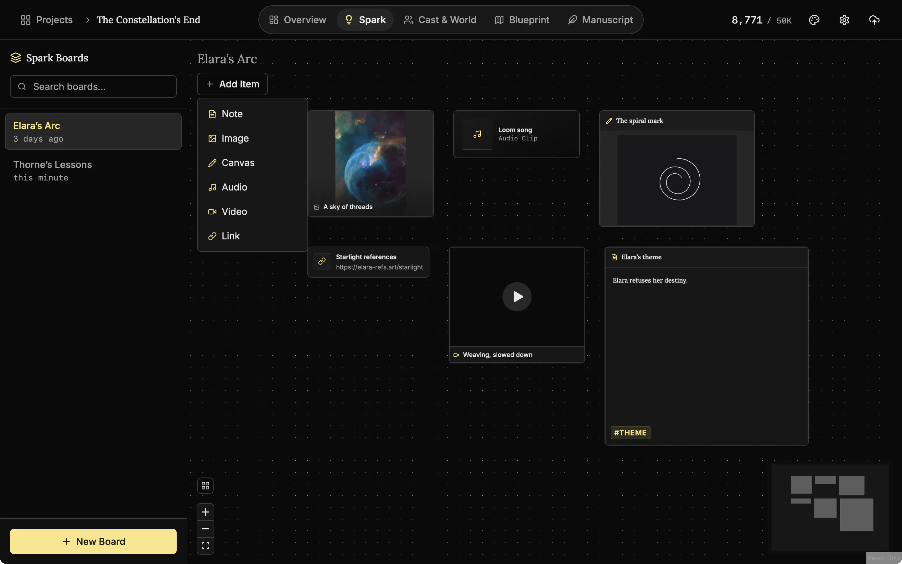 A Spark board with image, audio, drawing, link, video and note cards, and the Add Item menu open listing Note, Image, Canvas, Audio, Video and Link.
