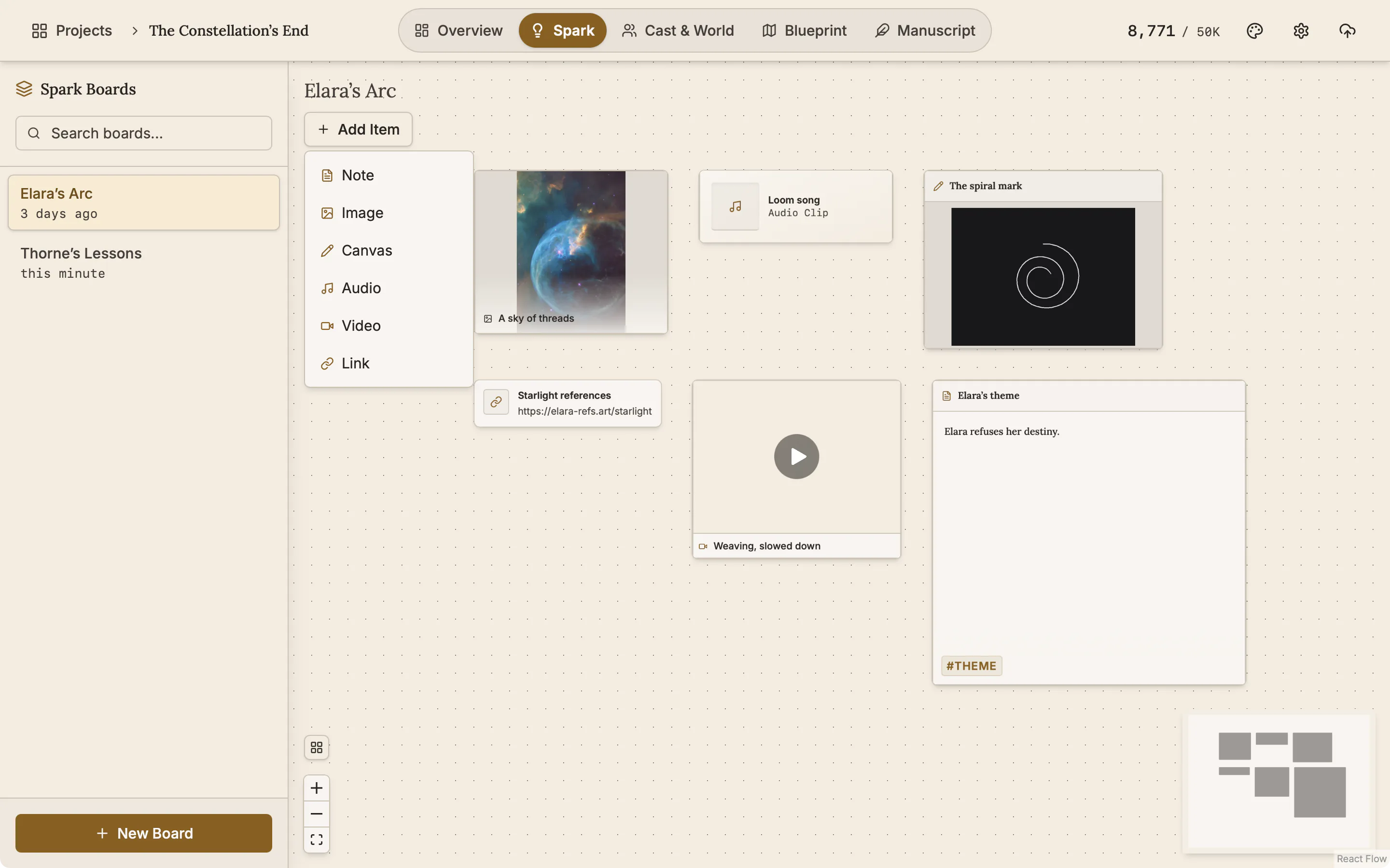 A Spark board with image, audio, drawing, link, video and note cards, and the Add Item menu open listing Note, Image, Canvas, Audio, Video and Link.