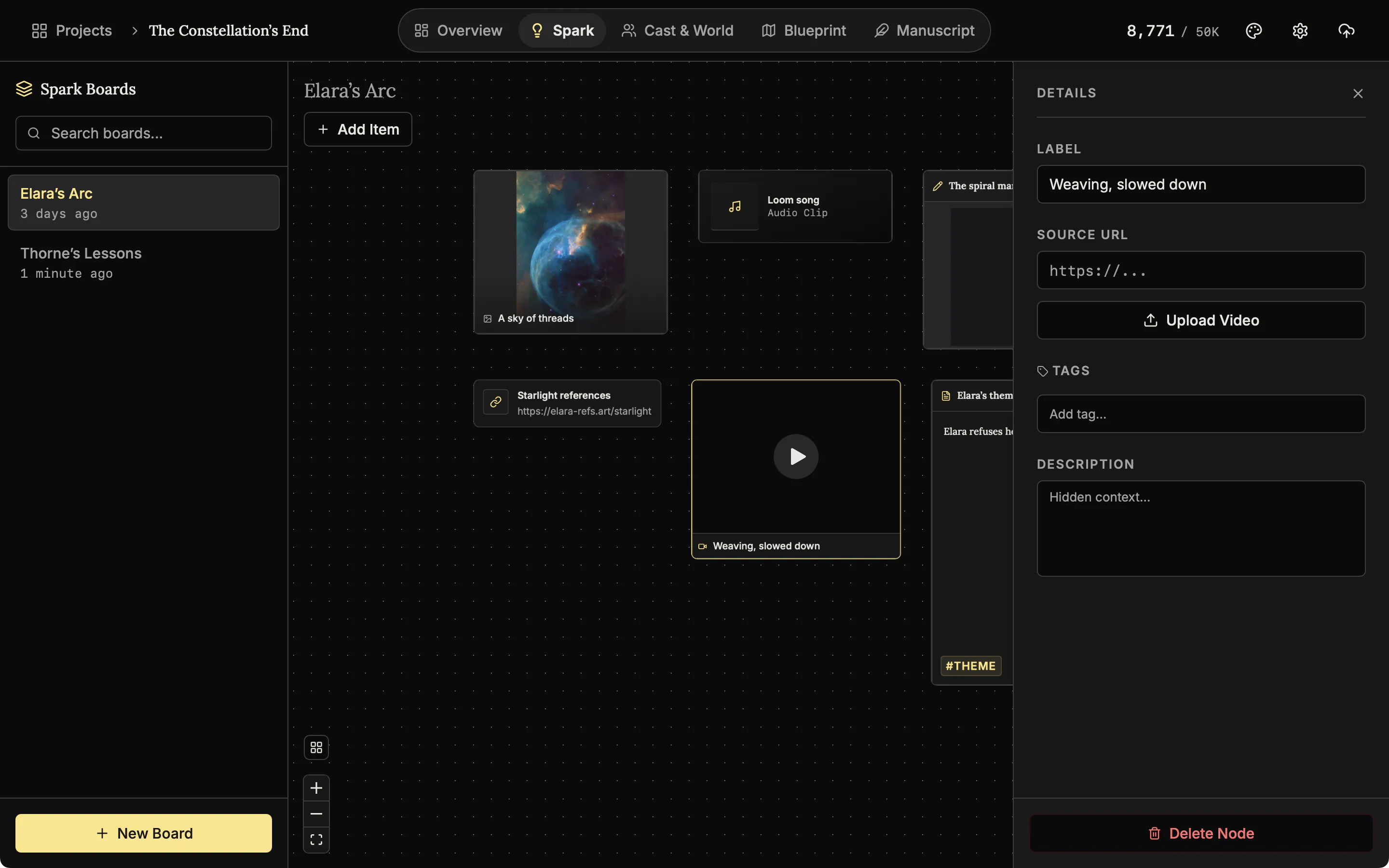 A Spark video card selected with the Details panel showing the Upload Video button.