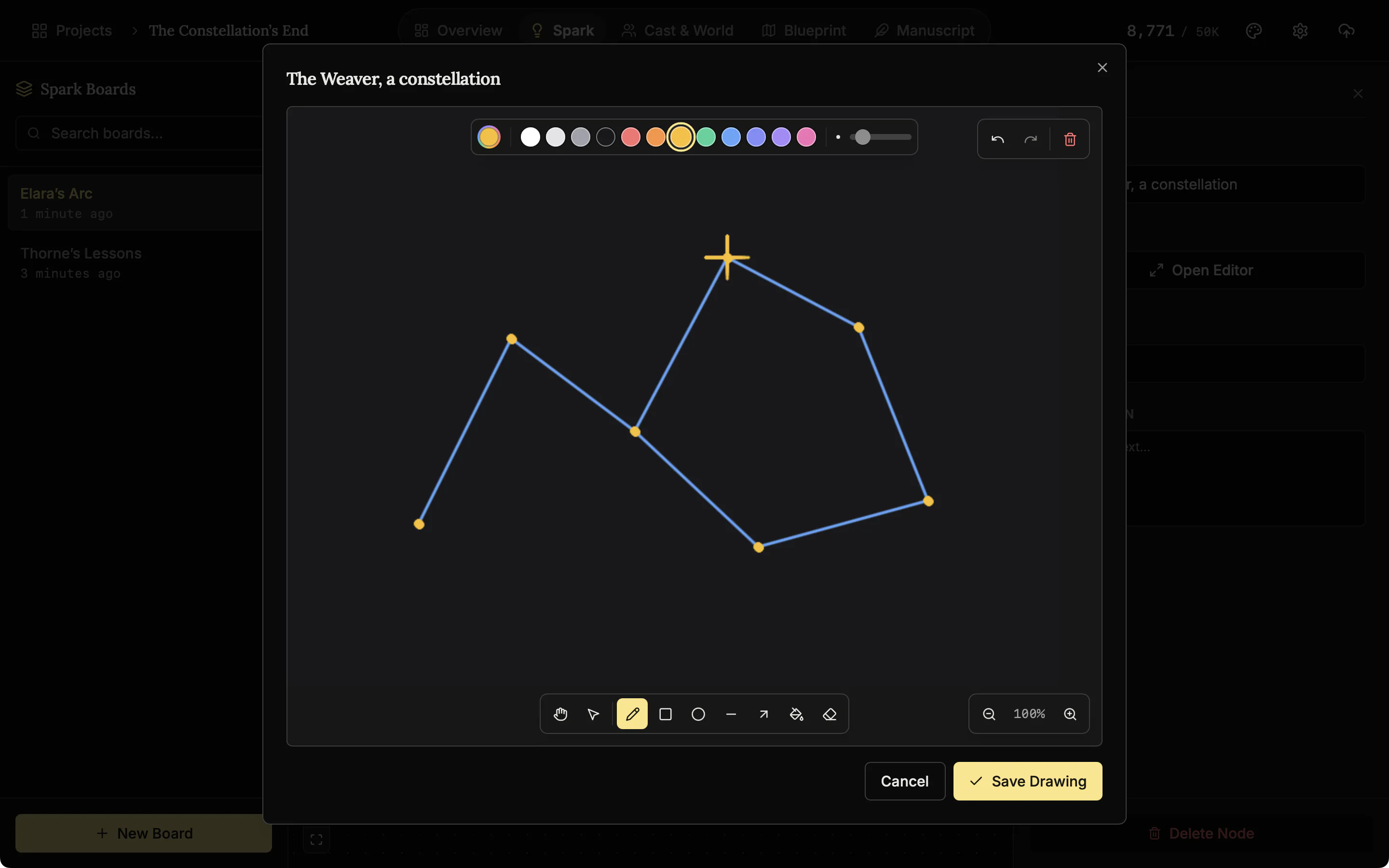 The Spark drawing editor with a constellation drawn in blue lines and yellow stars, a row of colours above it and the pen, shape and zoom tools below.