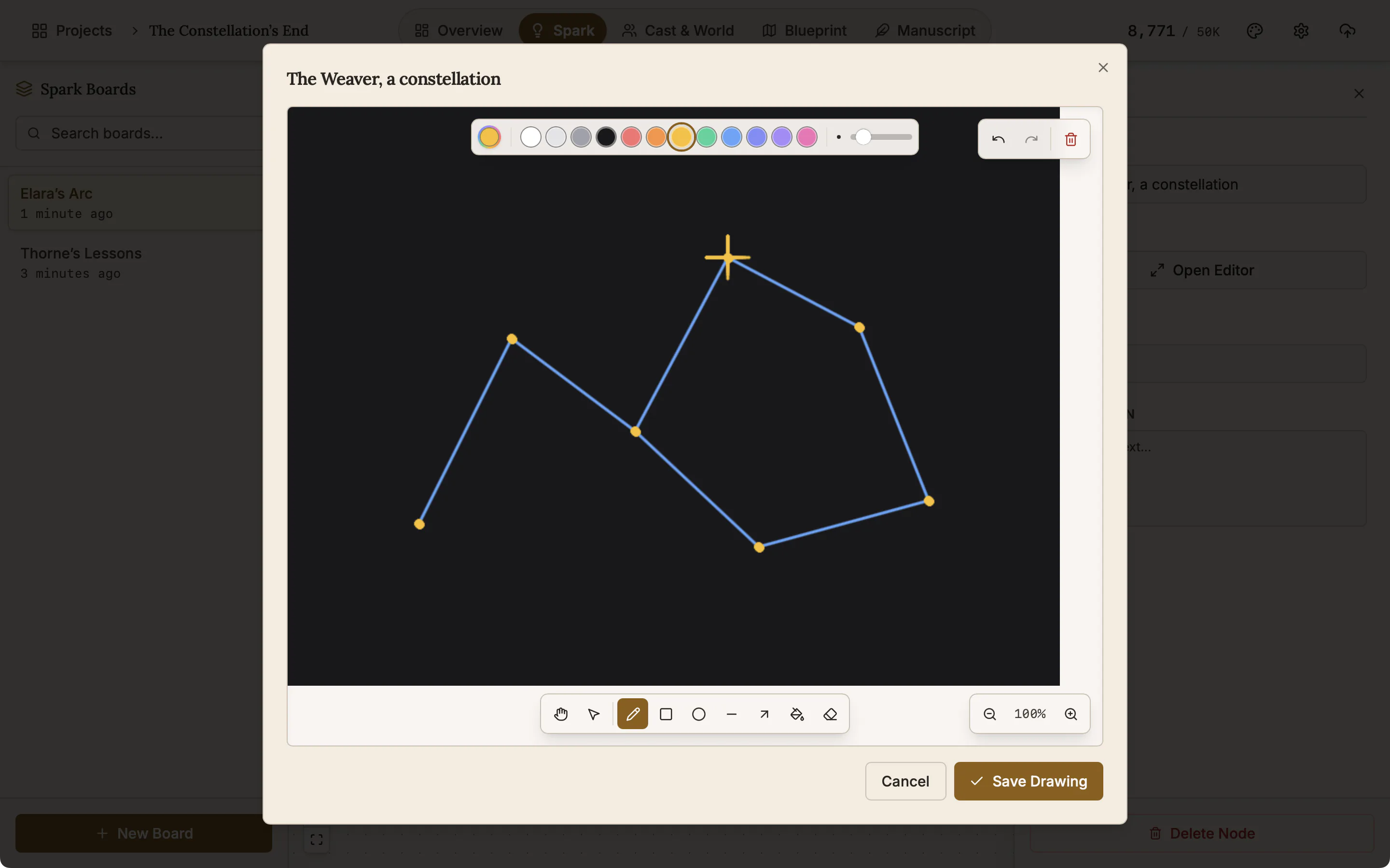 The Spark drawing editor with a constellation drawn in blue lines and yellow stars, a row of colours above it and the pen, shape and zoom tools below.