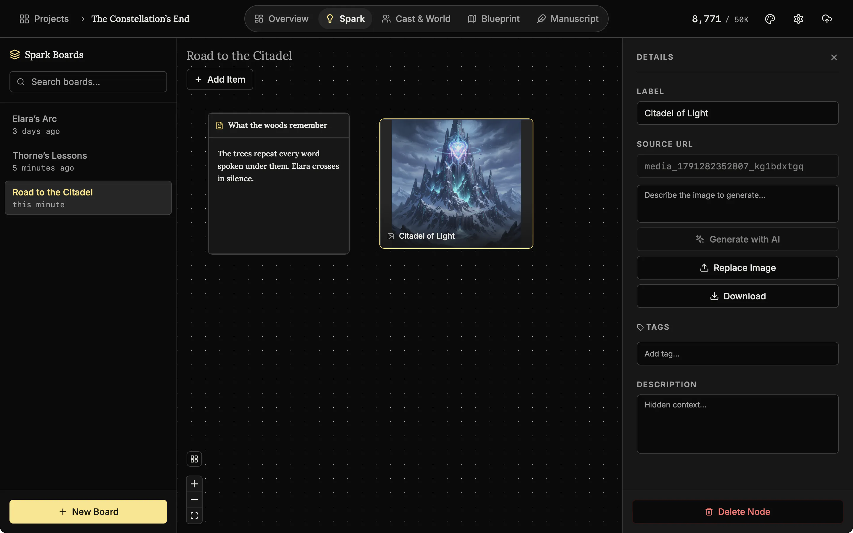 A Spark board with a picture card selected and the Details panel open, showing its label, Replace Image, Download, tags and description.