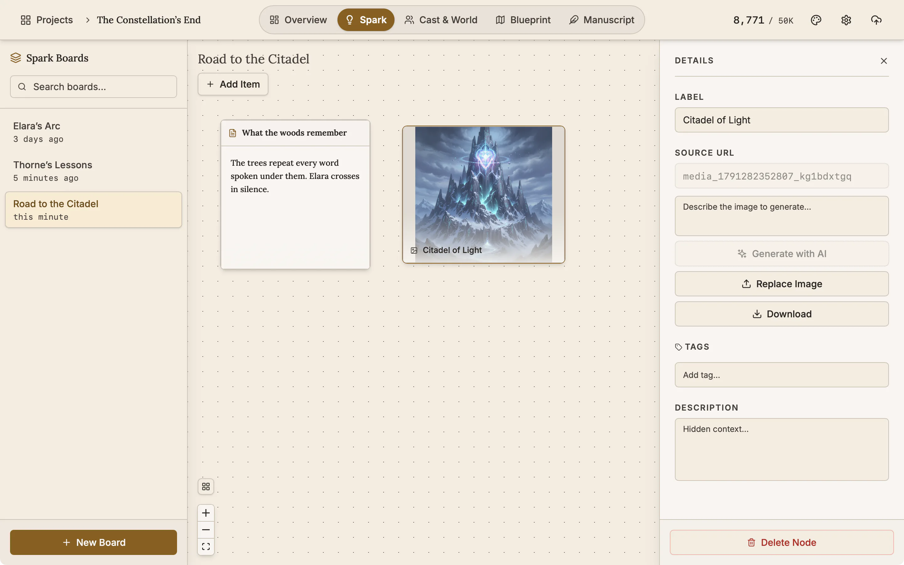 A Spark board with a picture card selected and the Details panel open, showing its label, Replace Image, Download, tags and description.