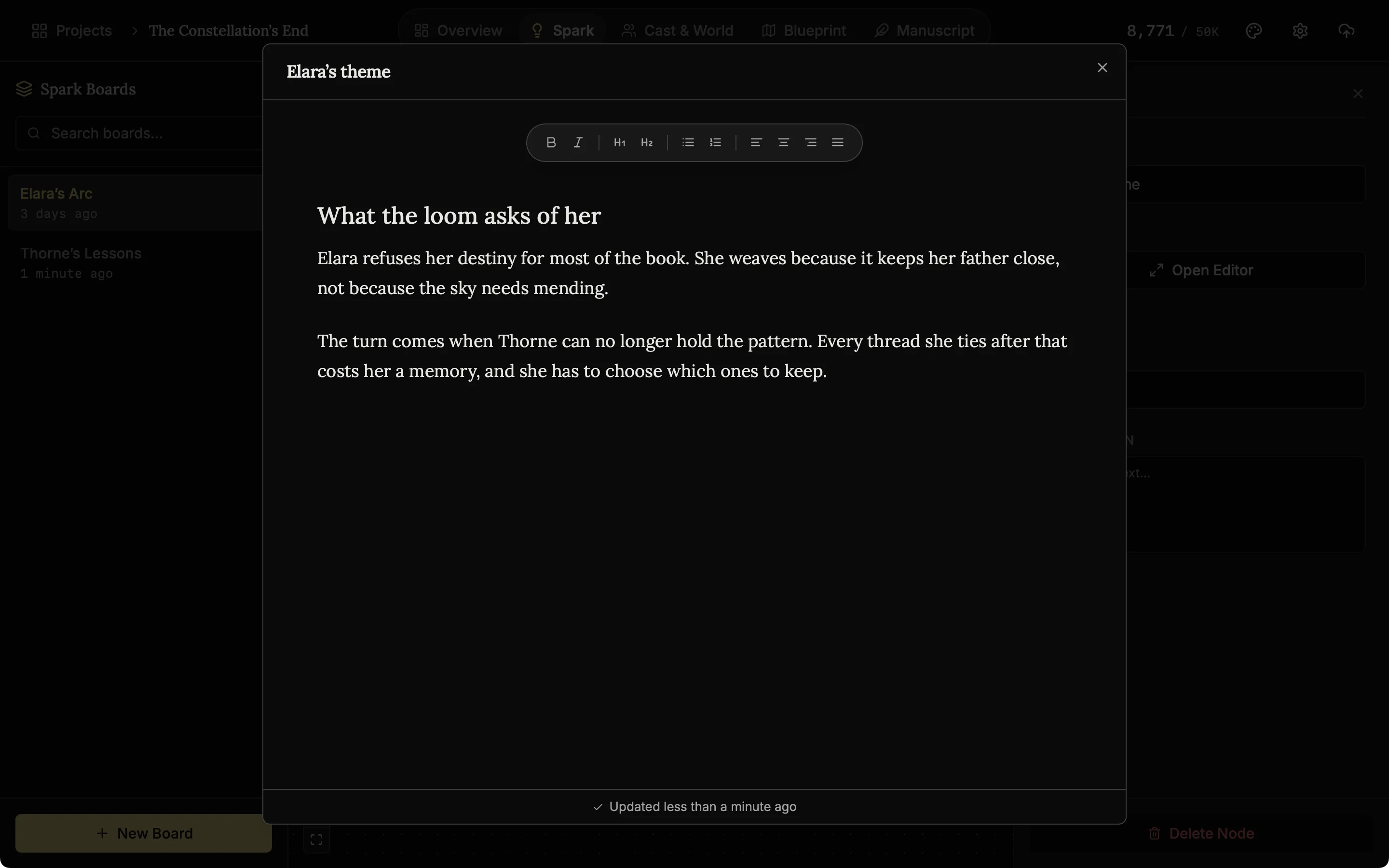 The Spark note editor open over the board with a note called Elara's theme: a heading and two paragraphs about the story.