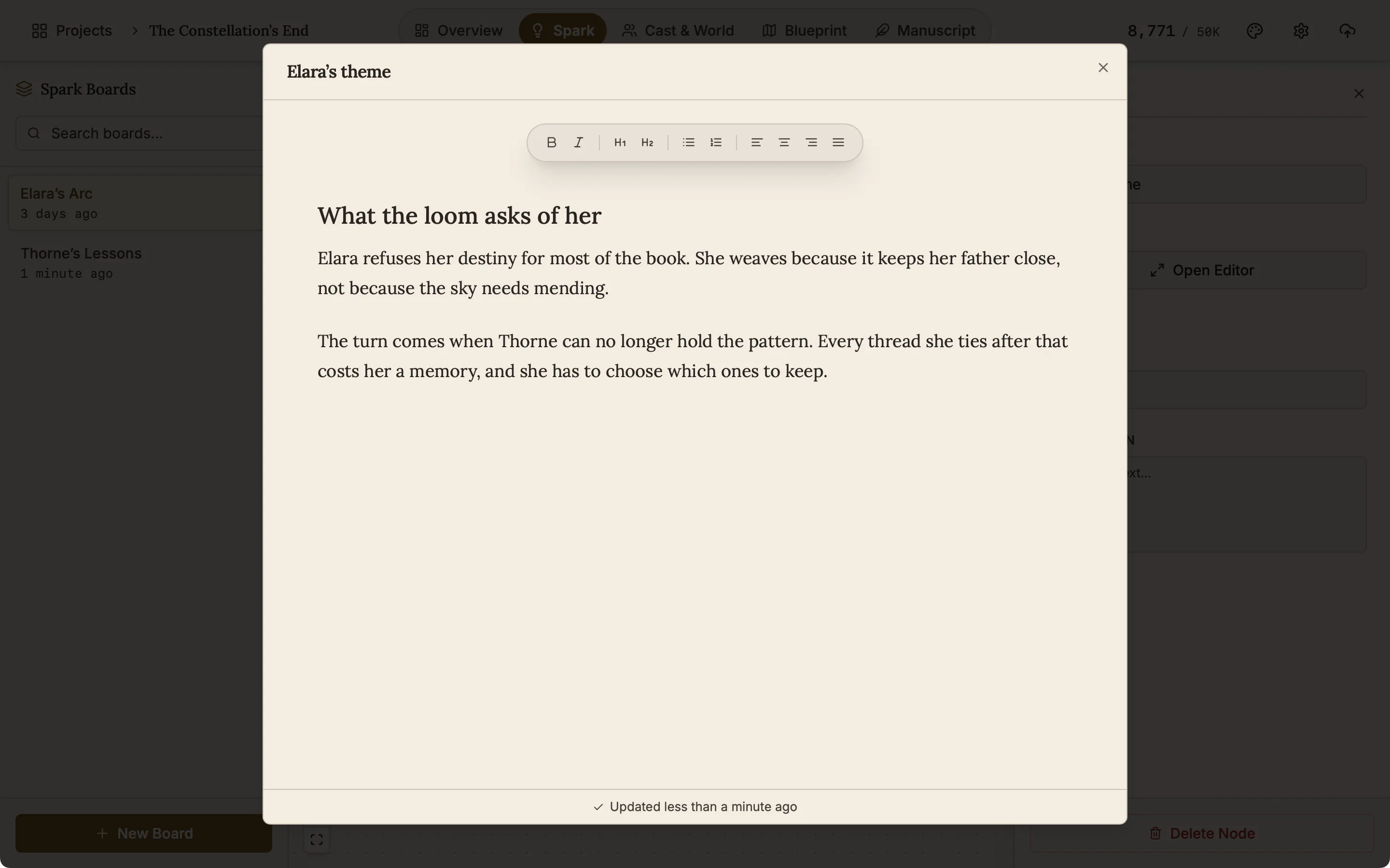 The Spark note editor open over the board with a note called Elara's theme: a heading and two paragraphs about the story.