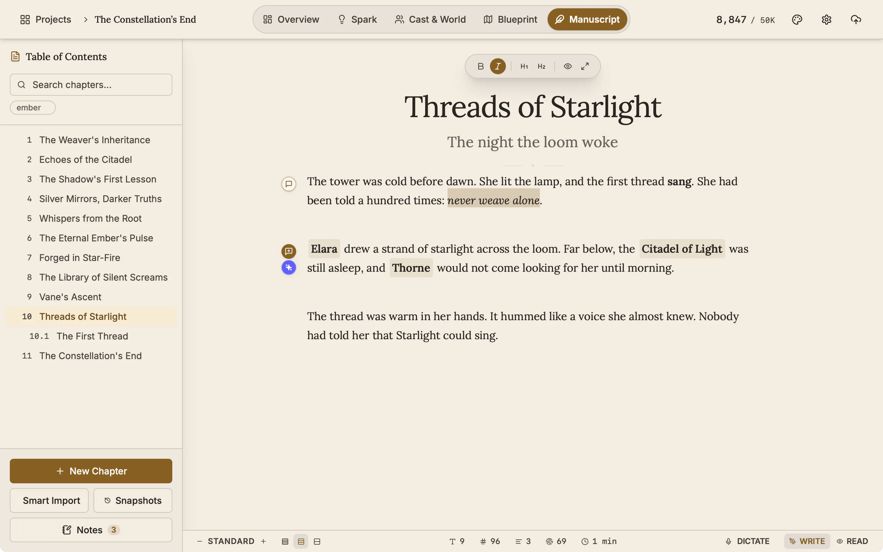 A paragraph in the editor with the comment and Alchemist icons in the margin beside it.