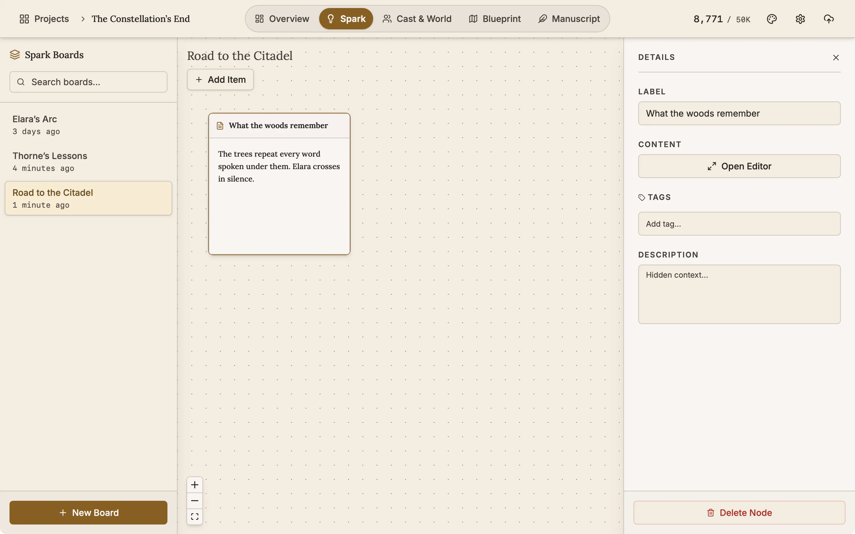 A Spark note card selected with the Details panel showing its label, content, tags and description.