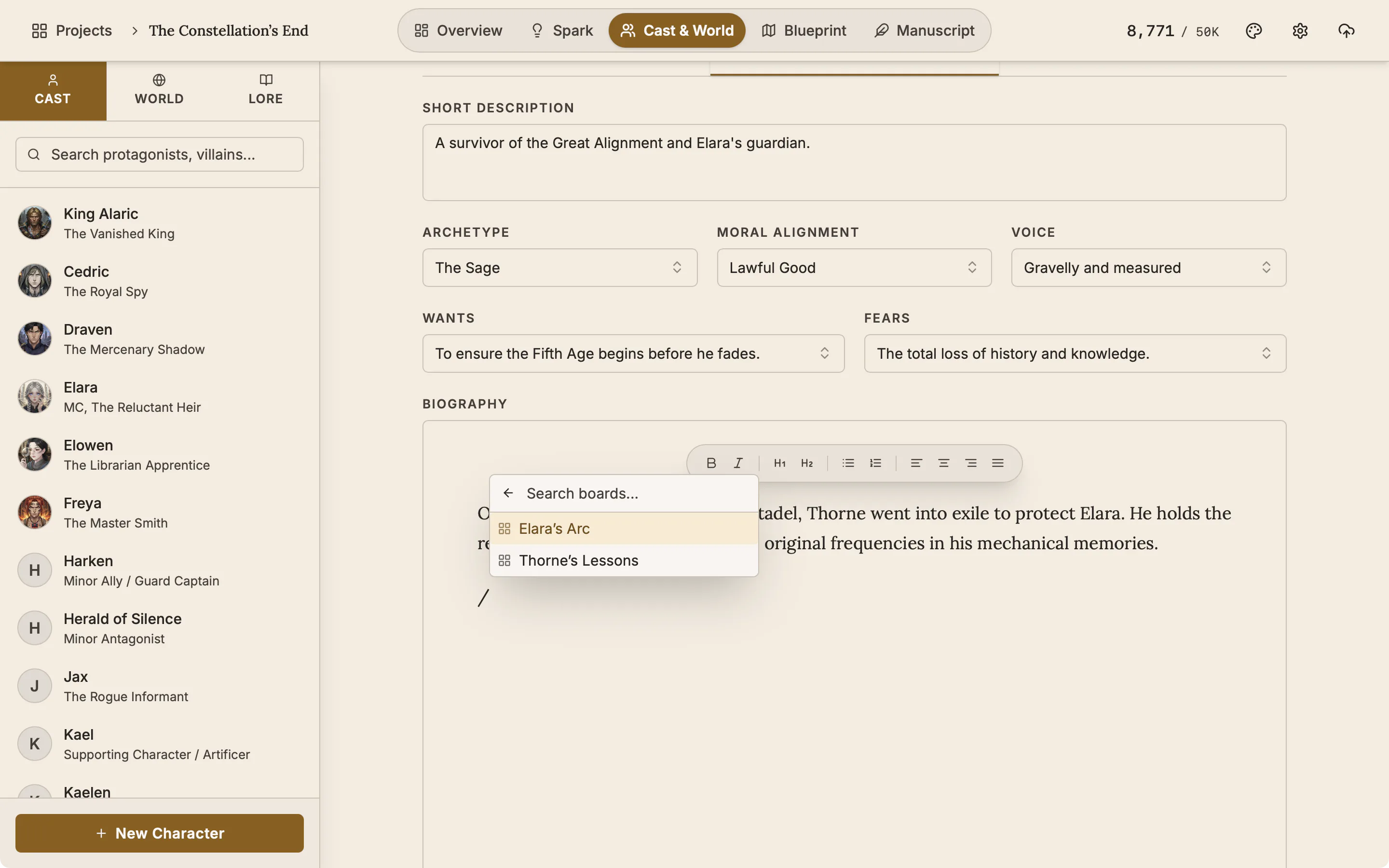 The board picker open inside a character biography, listing the Spark boards of the project.