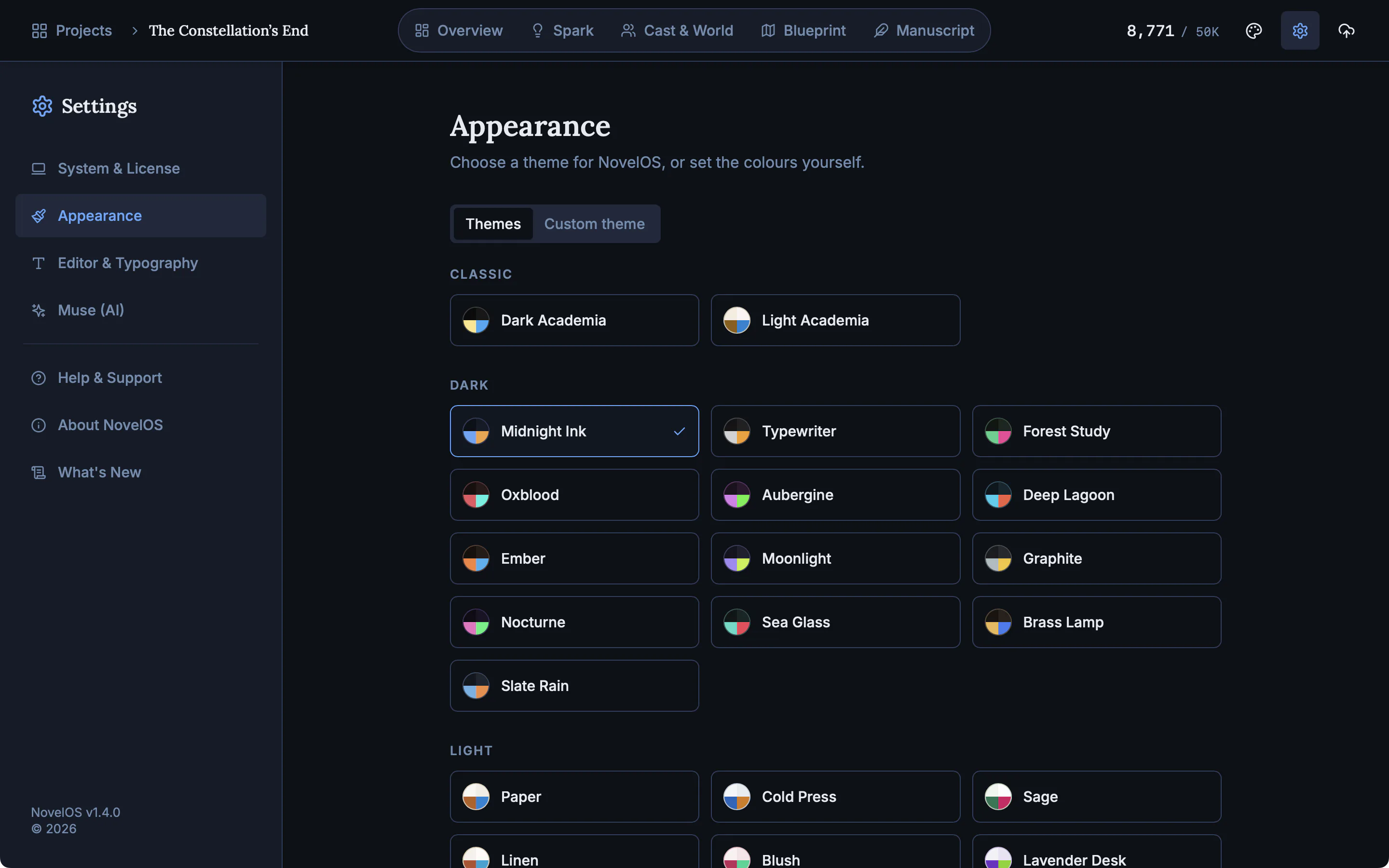 The Appearance settings with the Midnight Ink theme selected and the app shown in its deep blue colours.