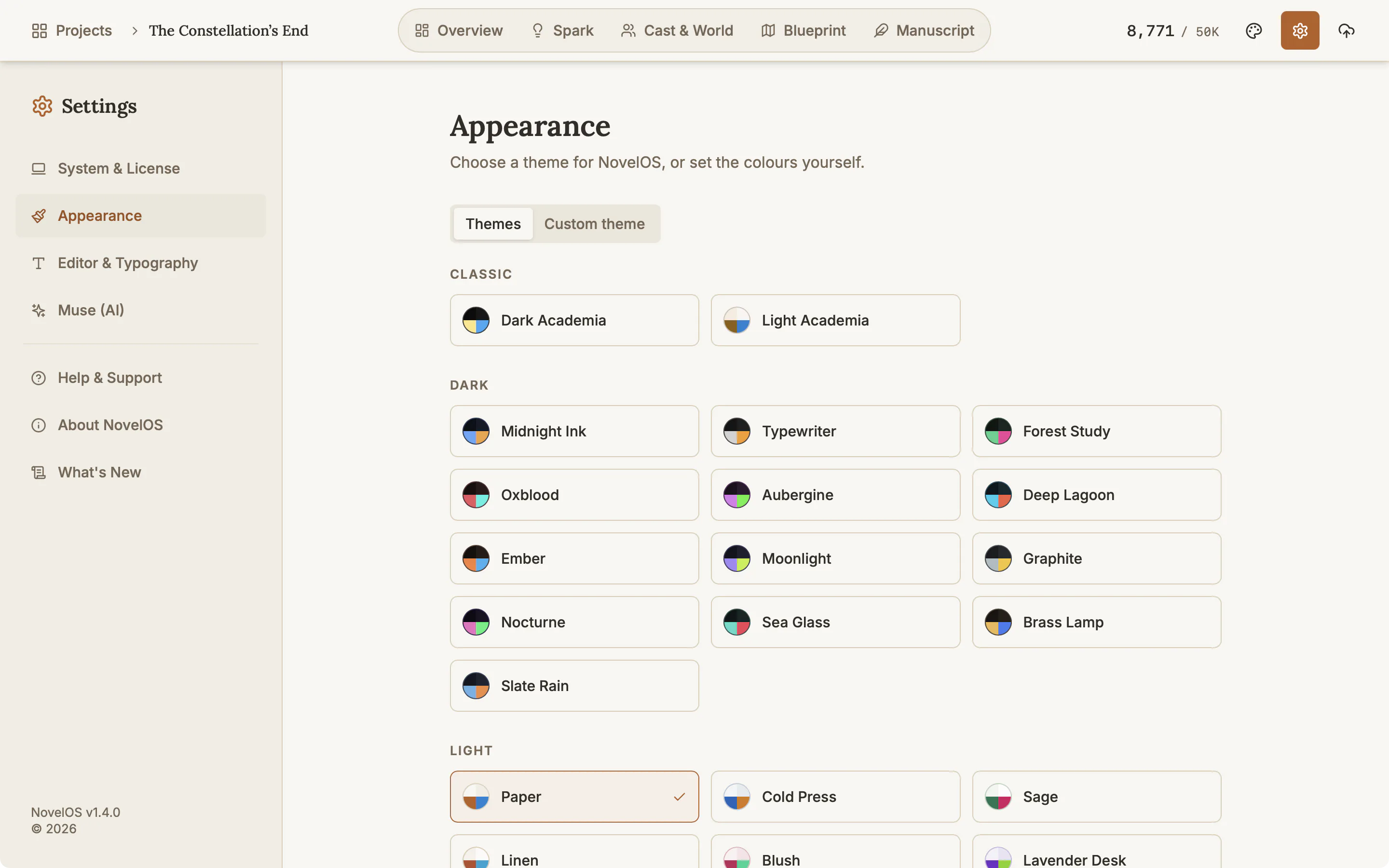 The Appearance settings with the Paper theme selected and the app shown in its cream colours.