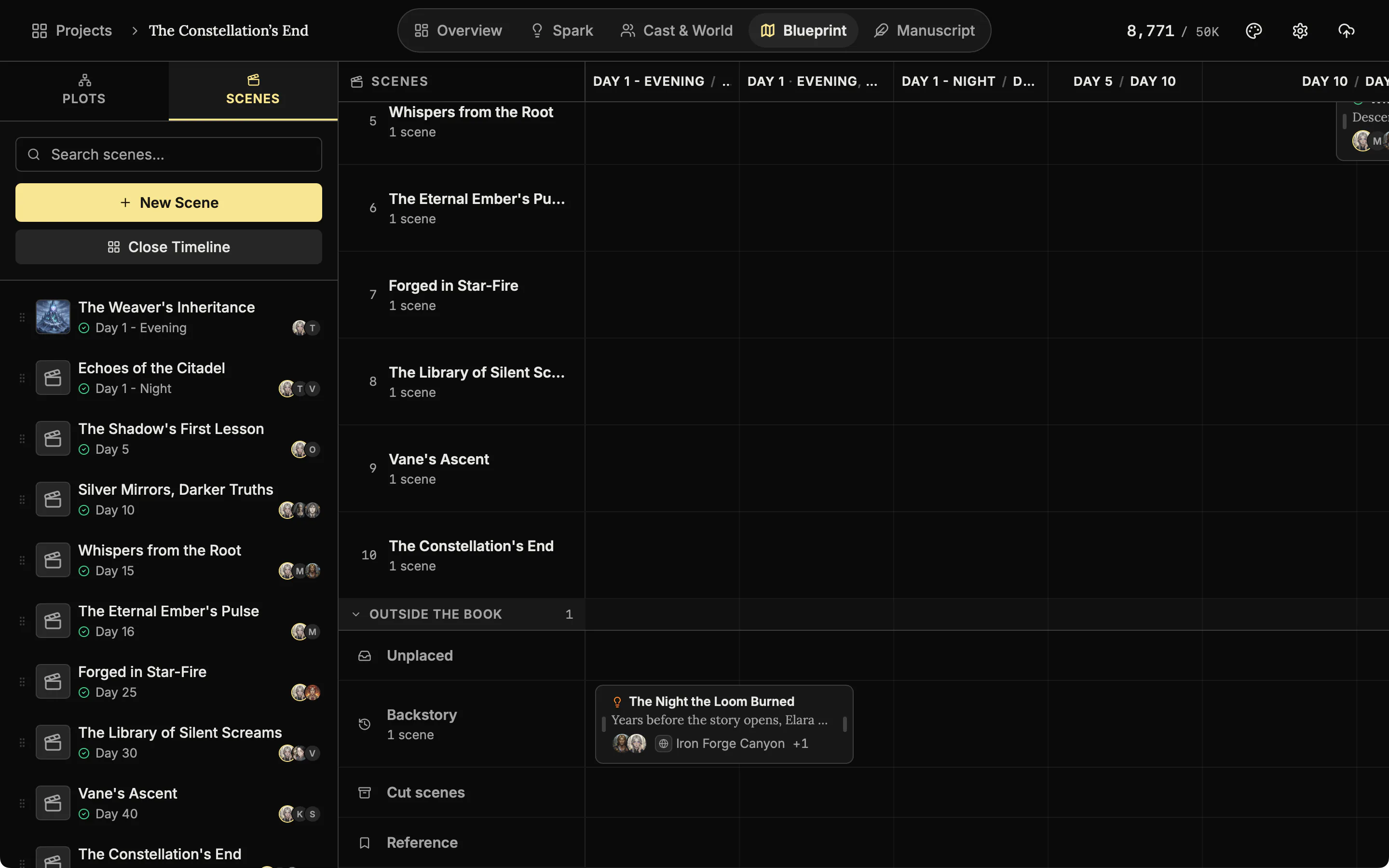 The timeline scrolled to the Outside the book rows: Unplaced, Backstory, Cut scenes and Reference.