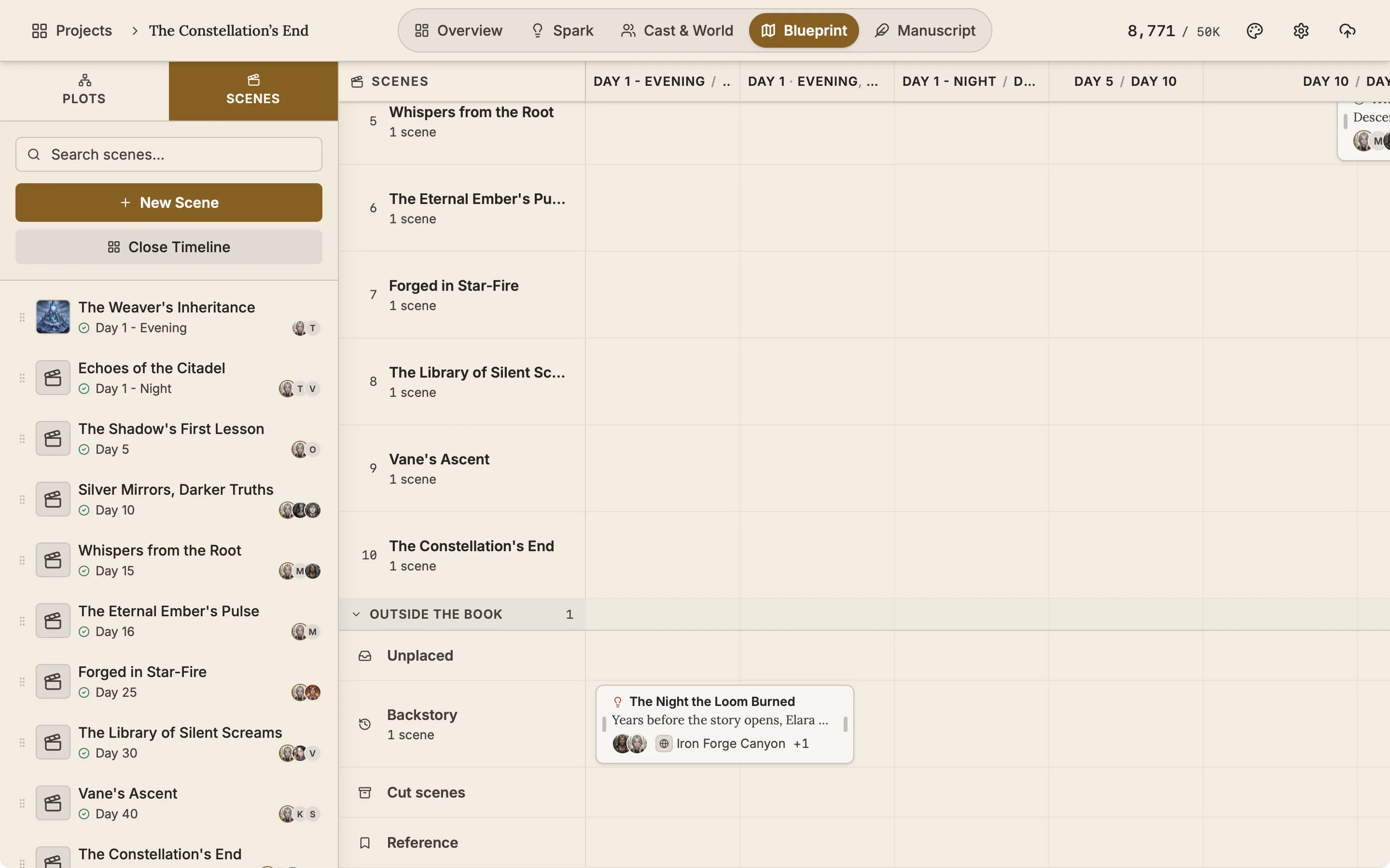 The timeline scrolled to the Outside the book rows: Unplaced, Backstory, Cut scenes and Reference.