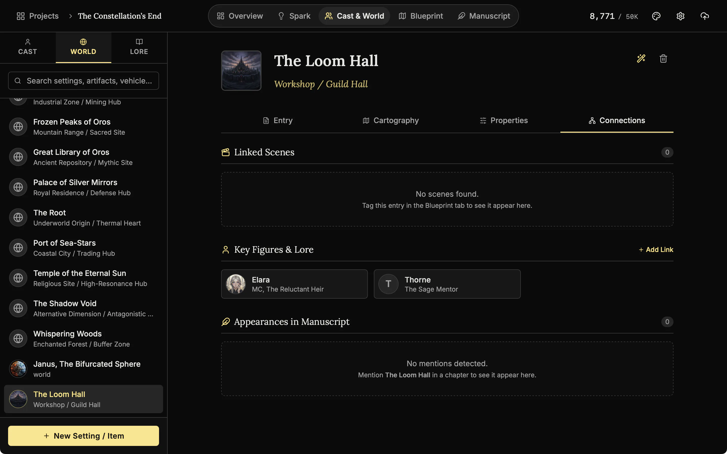 The Connections tab of a place listing two key figures and the chapters that mention it.