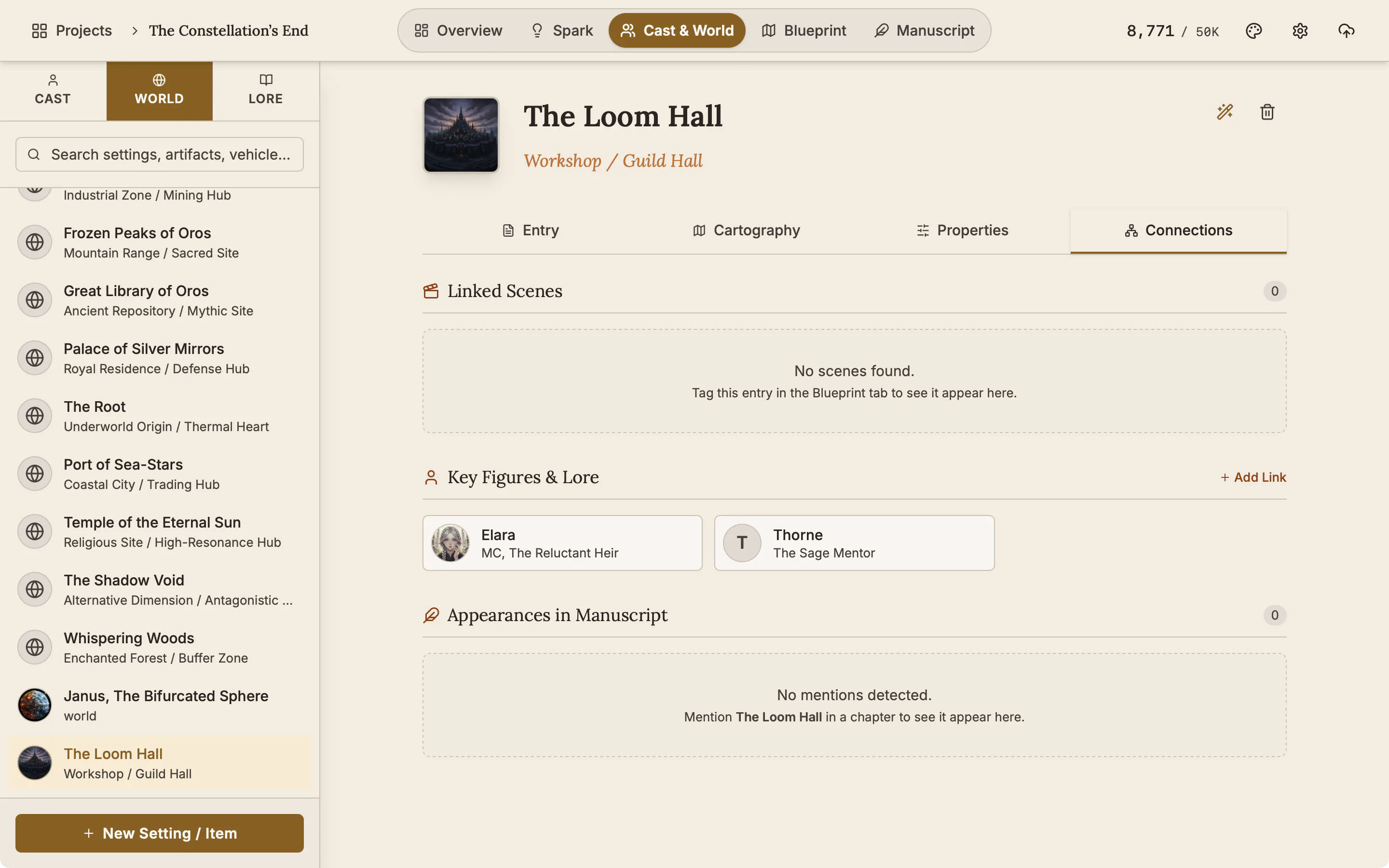 The Connections tab of a place listing two key figures and the chapters that mention it.