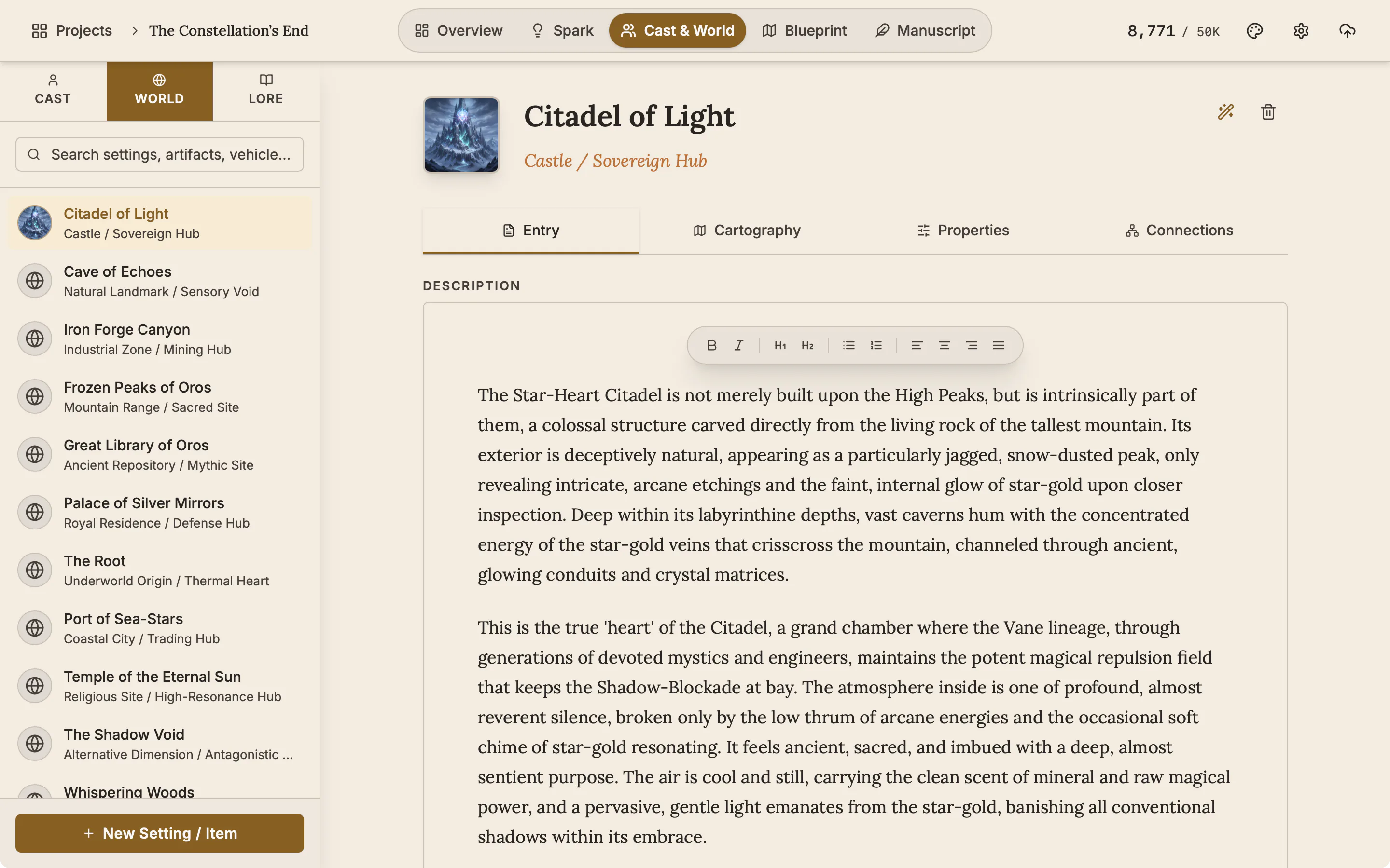 The World list with pictures and types beside the entry of the Citadel of Light.