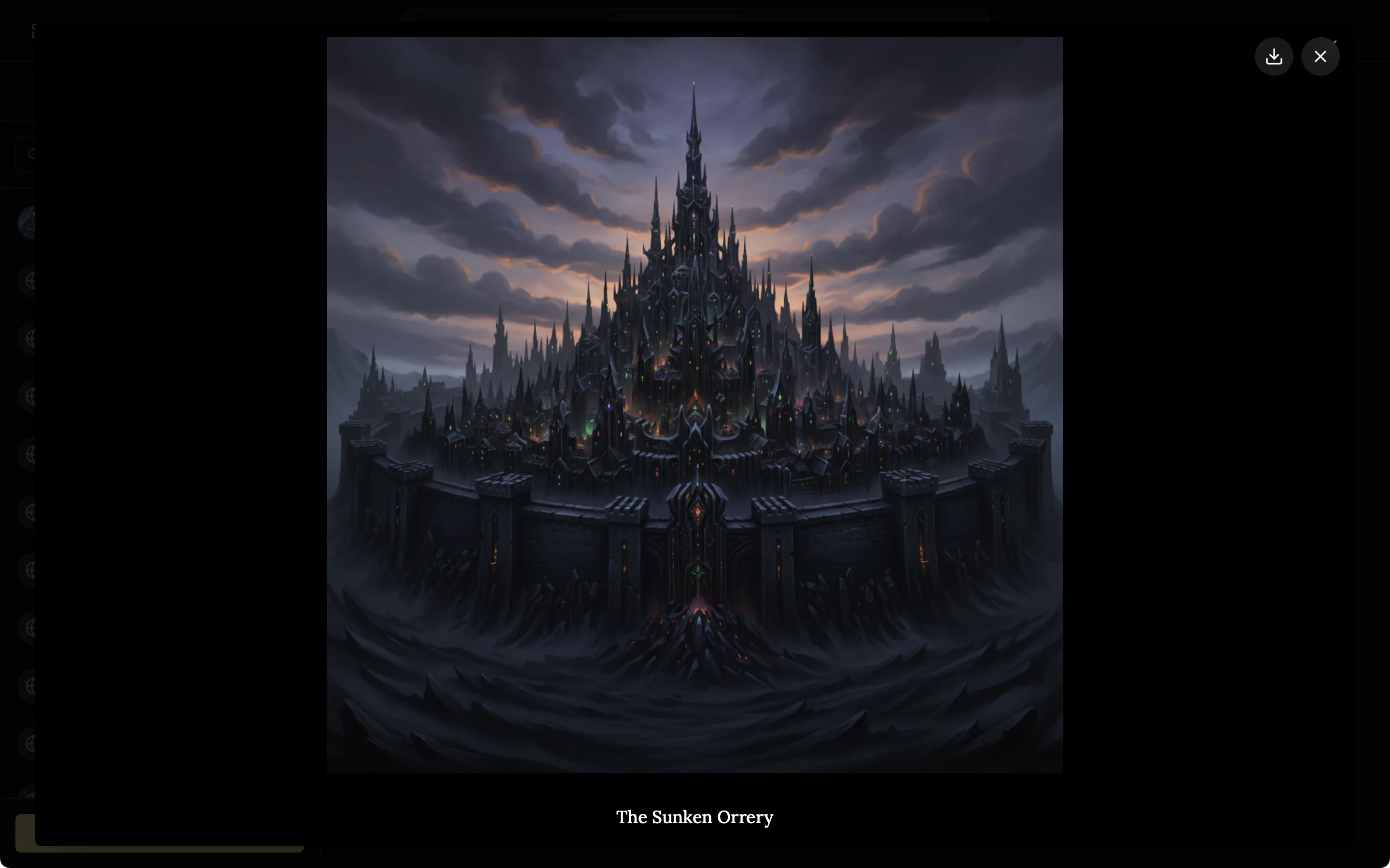 A large picture of a dark citadel on a rock, opened full size from a place entry.