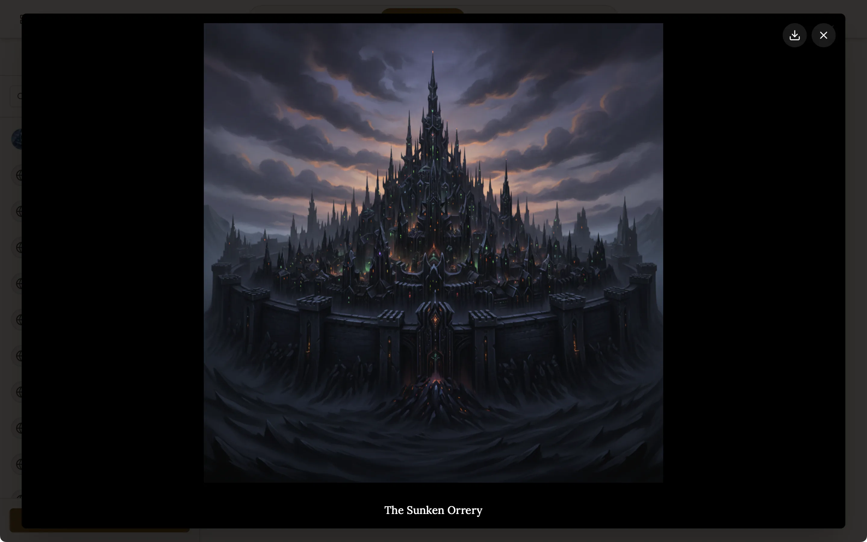 A large picture of a dark citadel on a rock, opened full size from a place entry.