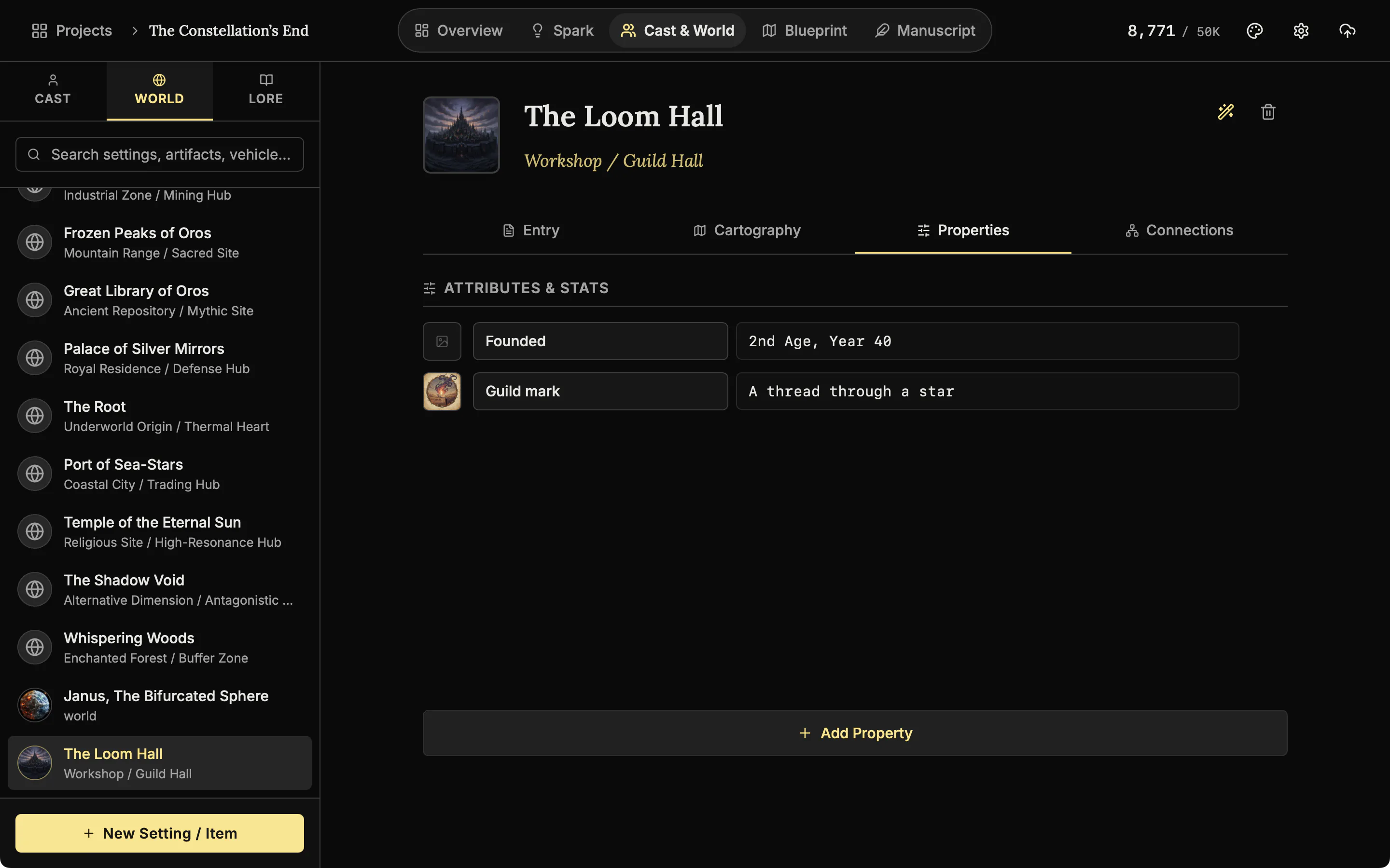 The Properties tab of a place with two rows, one of them with a small picture.