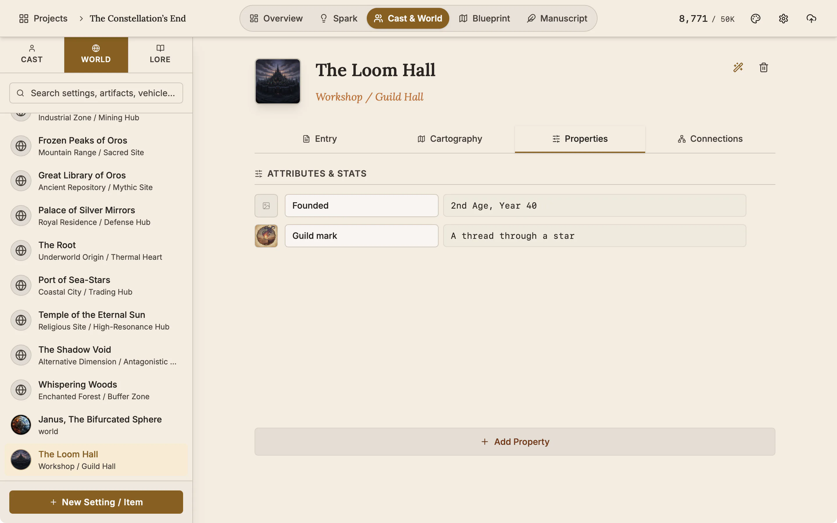 The Properties tab of a place with two rows, one of them with a small picture.